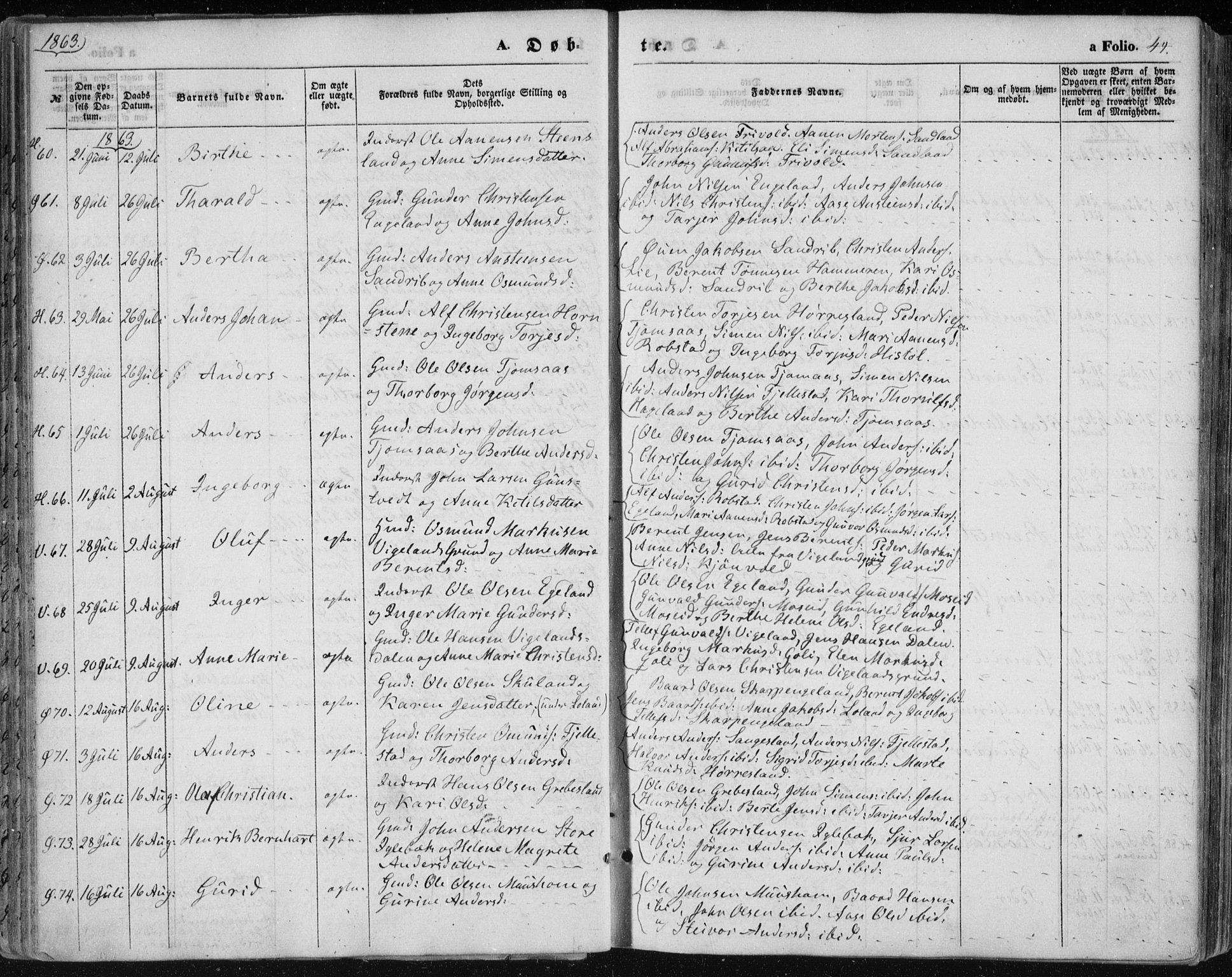 Vennesla sokneprestkontor, AV/SAK-1111-0045/Fa/Fac/L0007: Parish register (official) no. A 7, 1855-1873, p. 44