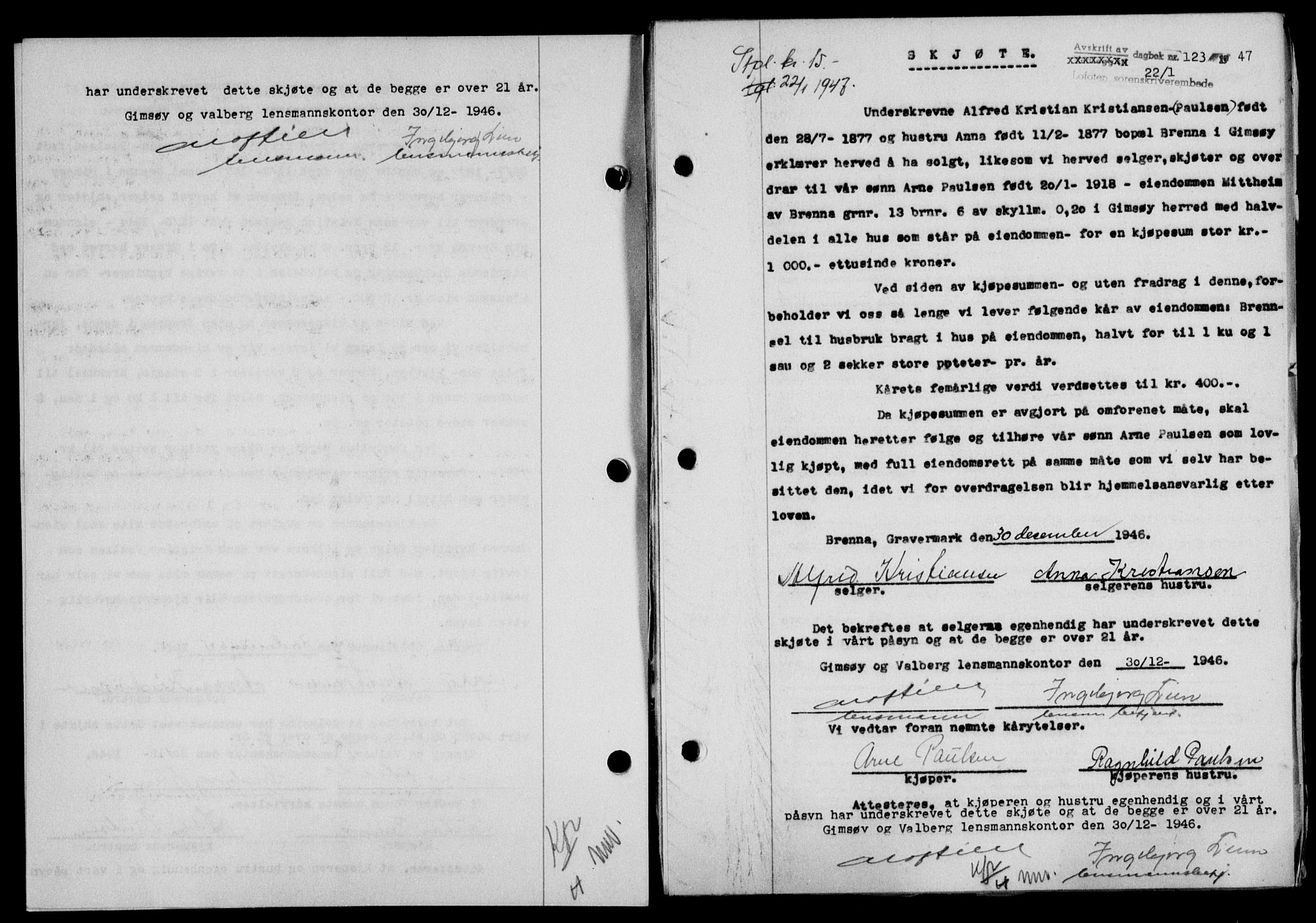 Lofoten sorenskriveri, SAT/A-0017/1/2/2C/L0015a: Mortgage book no. 15a, 1946-1947, Diary no: : 123/1947
