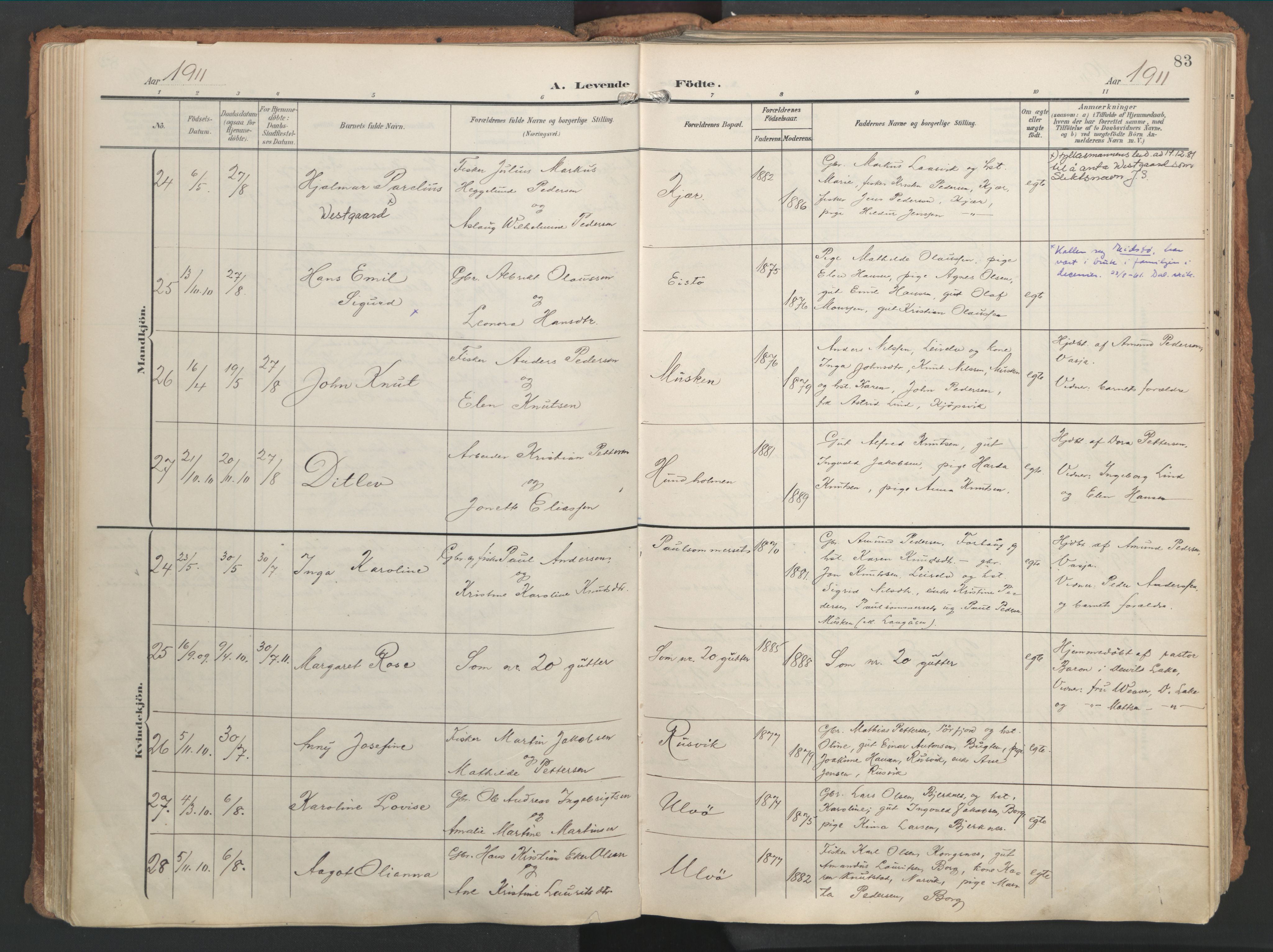 Ministerialprotokoller, klokkerbøker og fødselsregistre - Nordland, SAT/A-1459/861/L0871: Parish register (official) no. 861A06, 1903-1916, p. 83