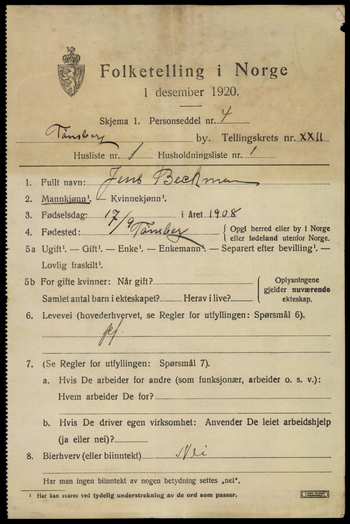 SAKO, 1920 census for Tønsberg, 1920, p. 30801