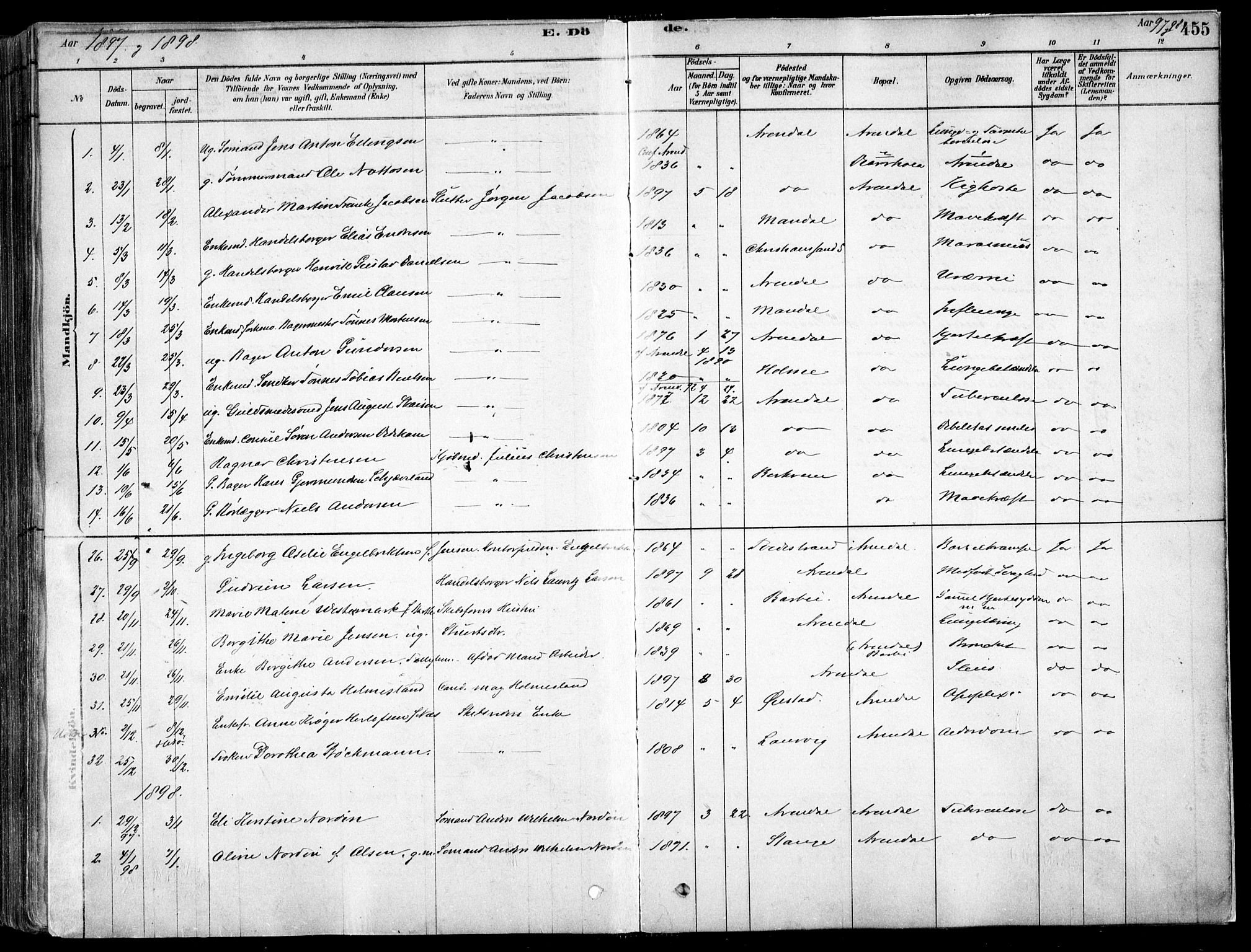 Arendal sokneprestkontor, Trefoldighet, SAK/1111-0040/F/Fa/L0008: Parish register (official) no. A 8, 1878-1899, p. 455