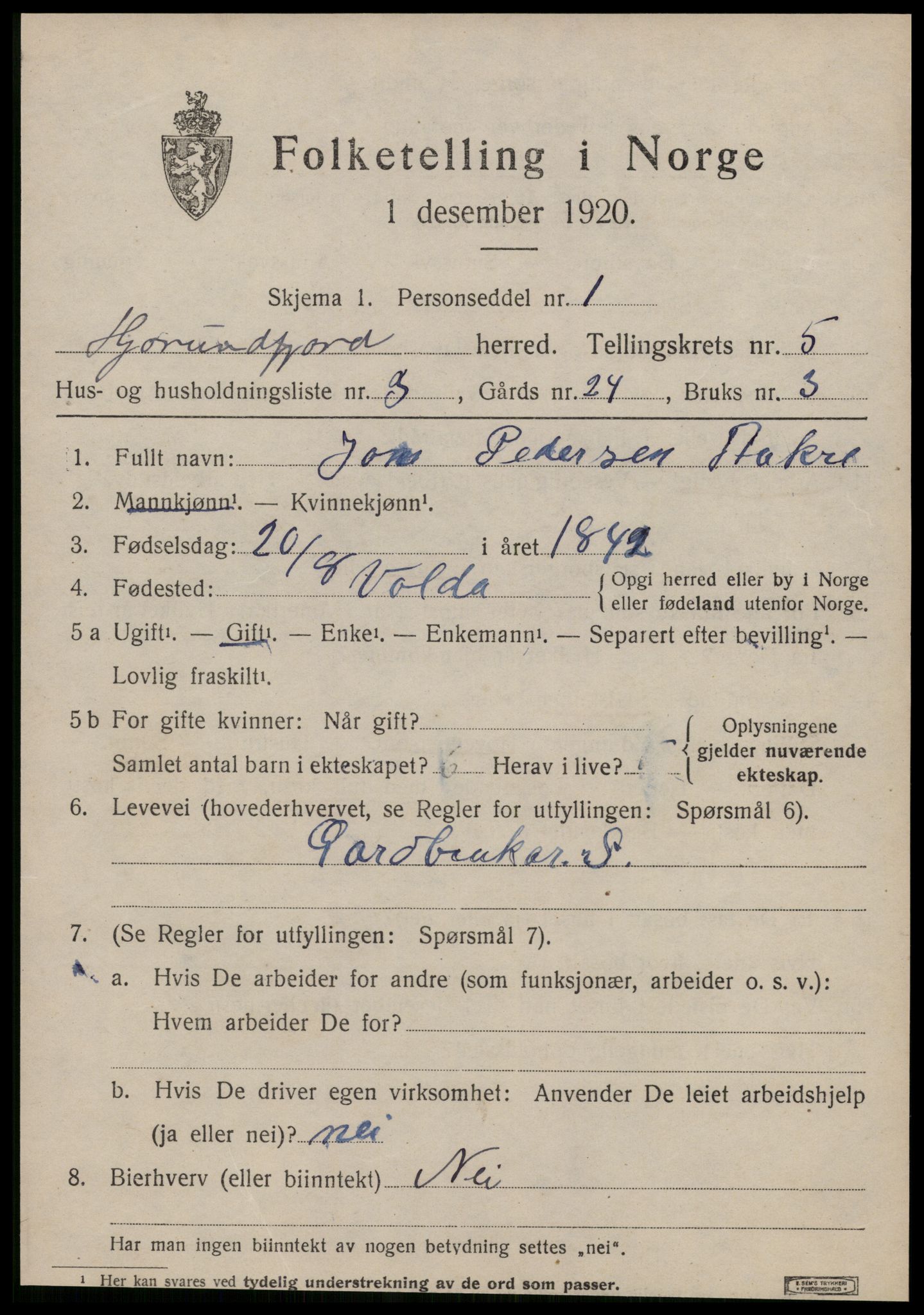 SAT, 1920 census for Hjørundfjord, 1920, p. 1819