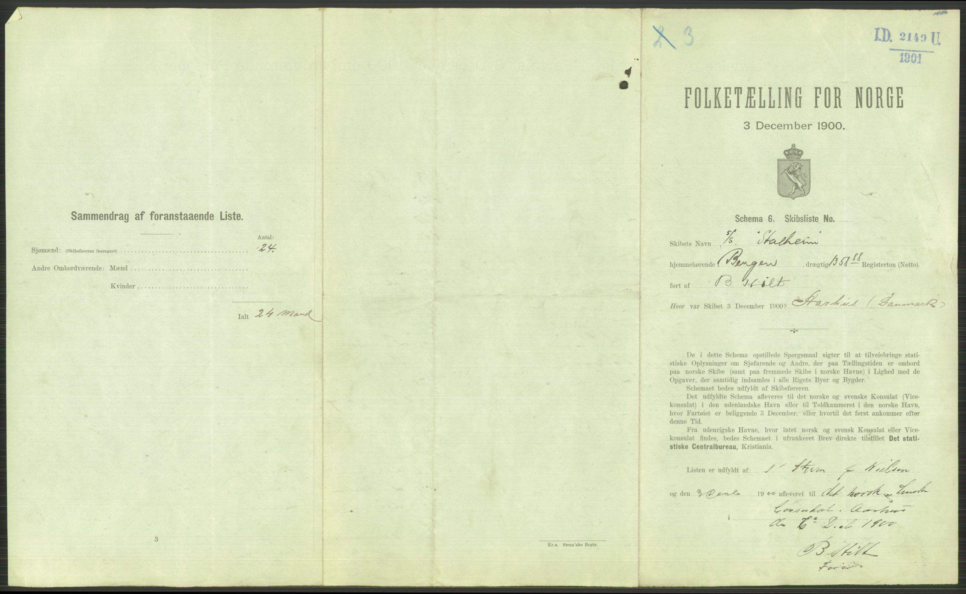 RA, 1900 Census - ship lists from ships in Norwegian harbours, harbours abroad and at sea, 1900, p. 3597