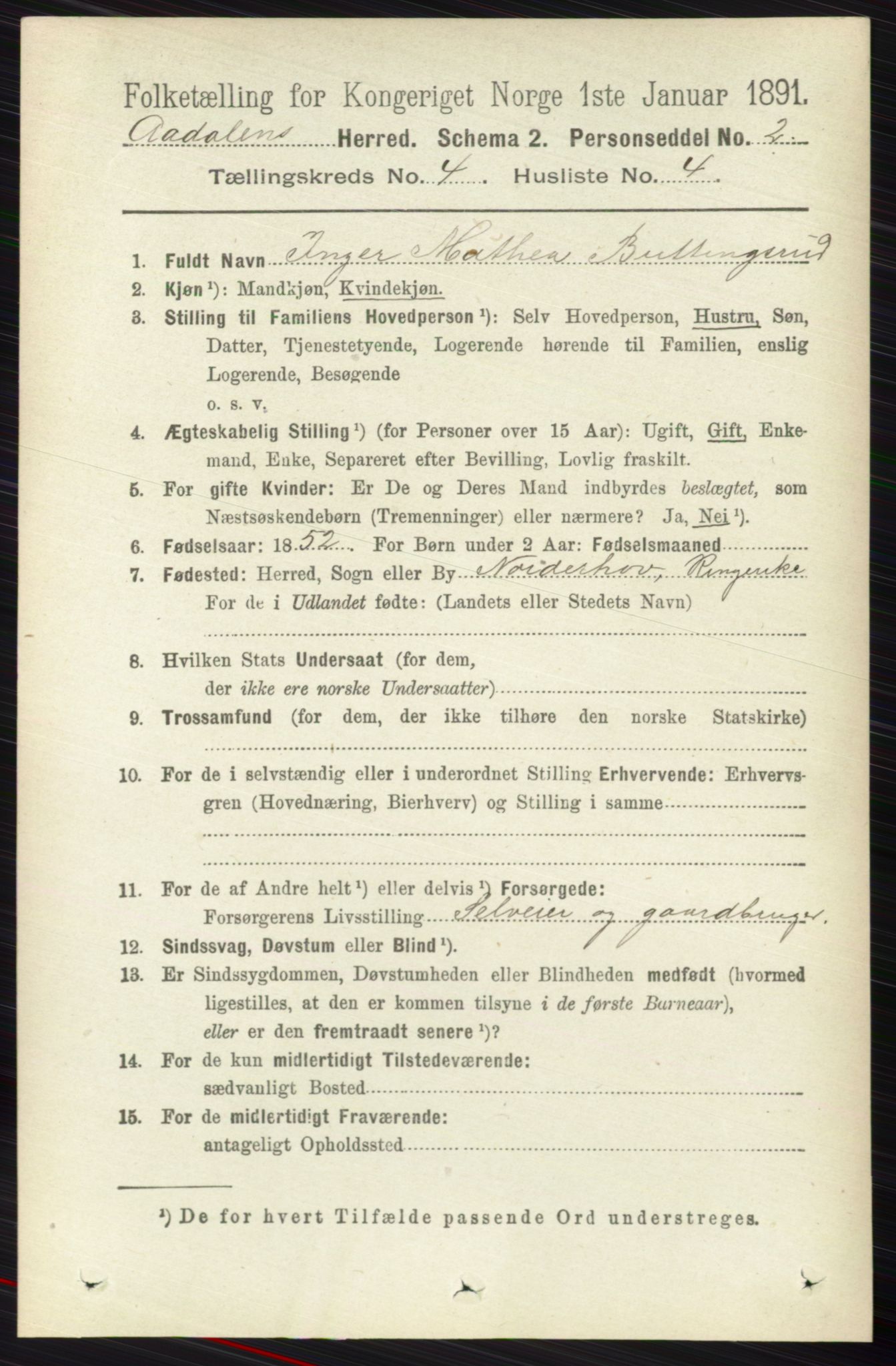 RA, 1891 census for 0614 Ådal, 1891, p. 1537