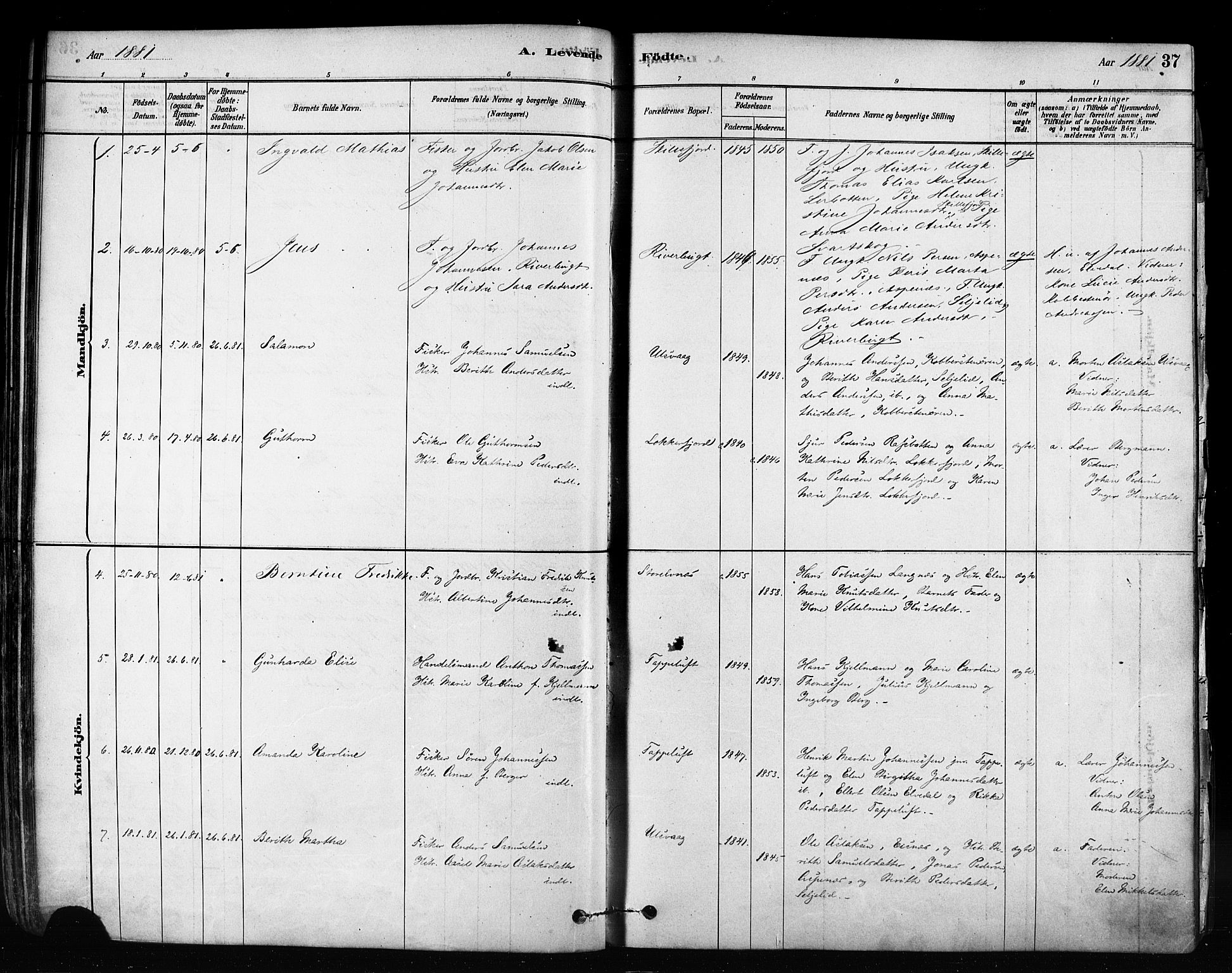 Talvik sokneprestkontor, SATØ/S-1337/H/Ha/L0012kirke: Parish register (official) no. 12, 1878-1886, p. 37