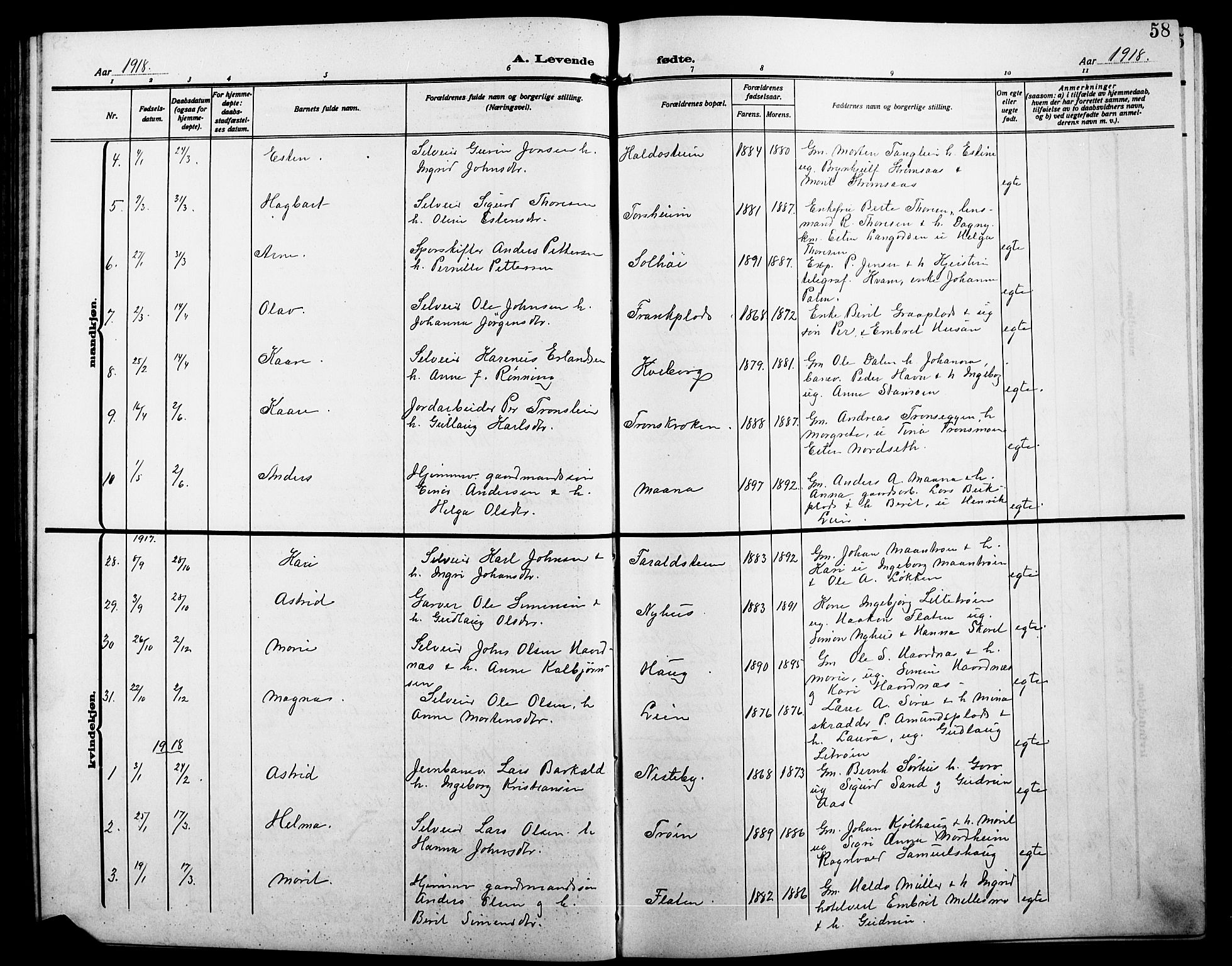 Alvdal prestekontor, AV/SAH-PREST-060/H/Ha/Hab/L0005: Parish register (copy) no. 5, 1908-1923, p. 58