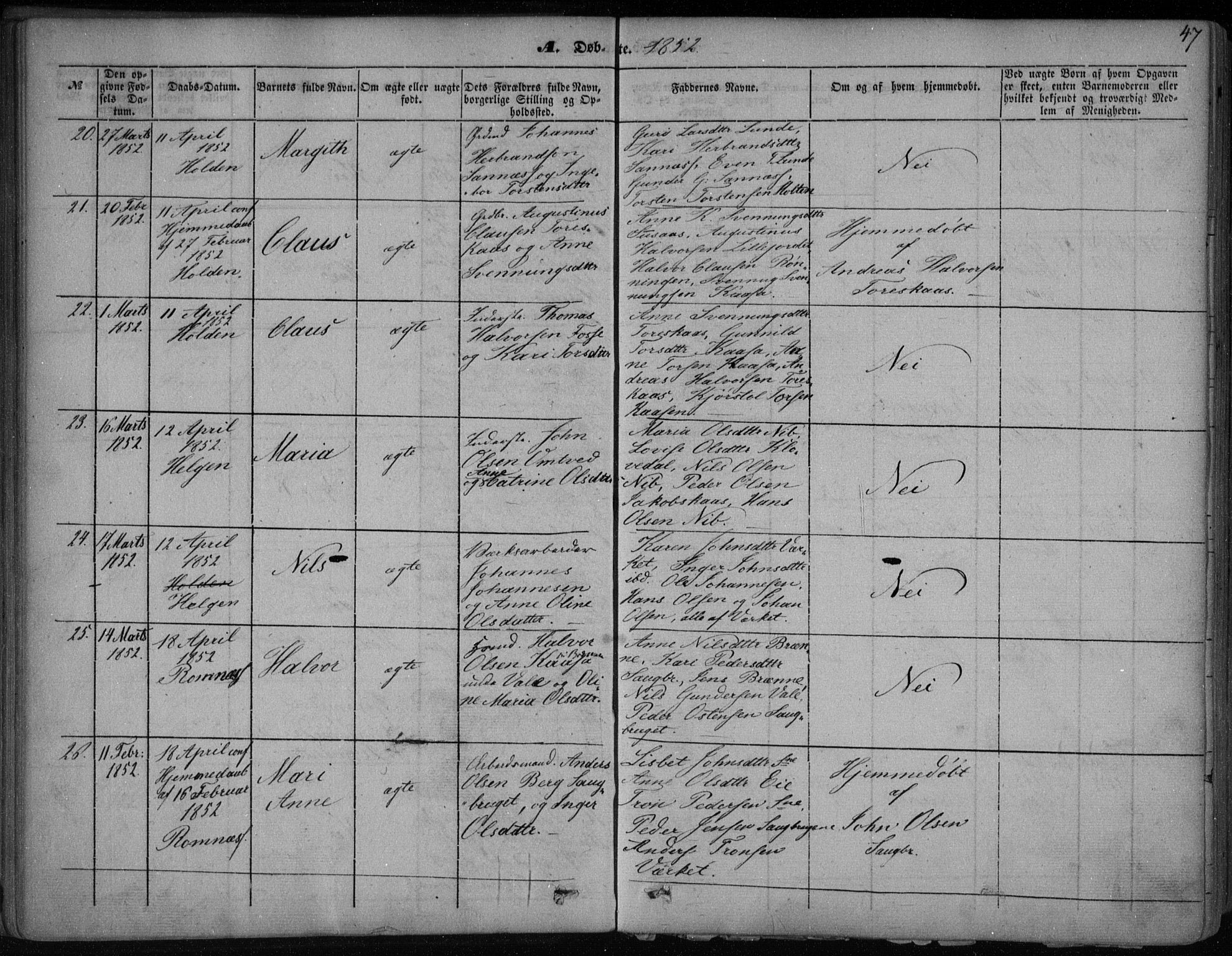 Holla kirkebøker, AV/SAKO-A-272/F/Fa/L0005: Parish register (official) no. 5, 1849-1860, p. 47