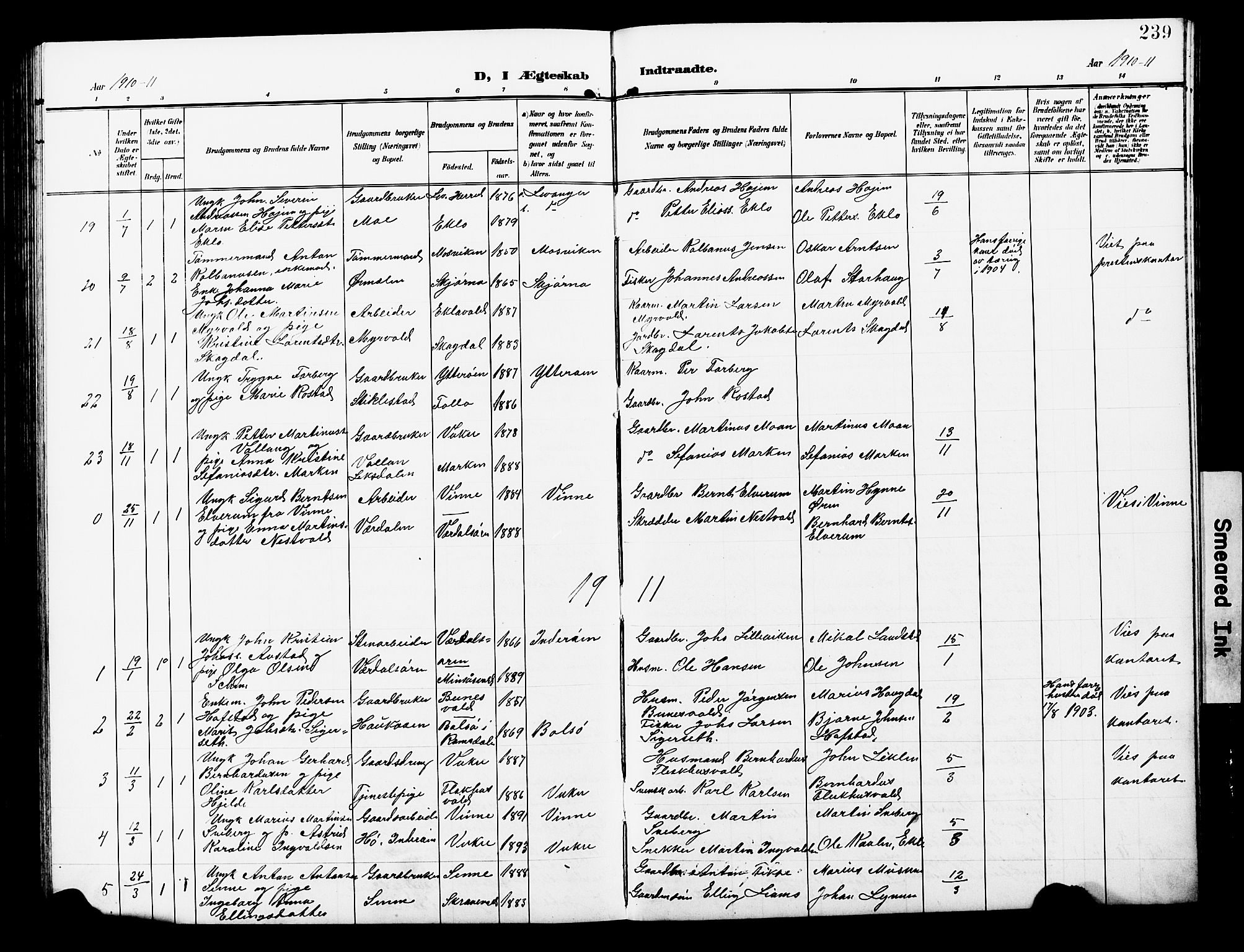 Ministerialprotokoller, klokkerbøker og fødselsregistre - Nord-Trøndelag, SAT/A-1458/723/L0258: Parish register (copy) no. 723C06, 1908-1927, p. 239