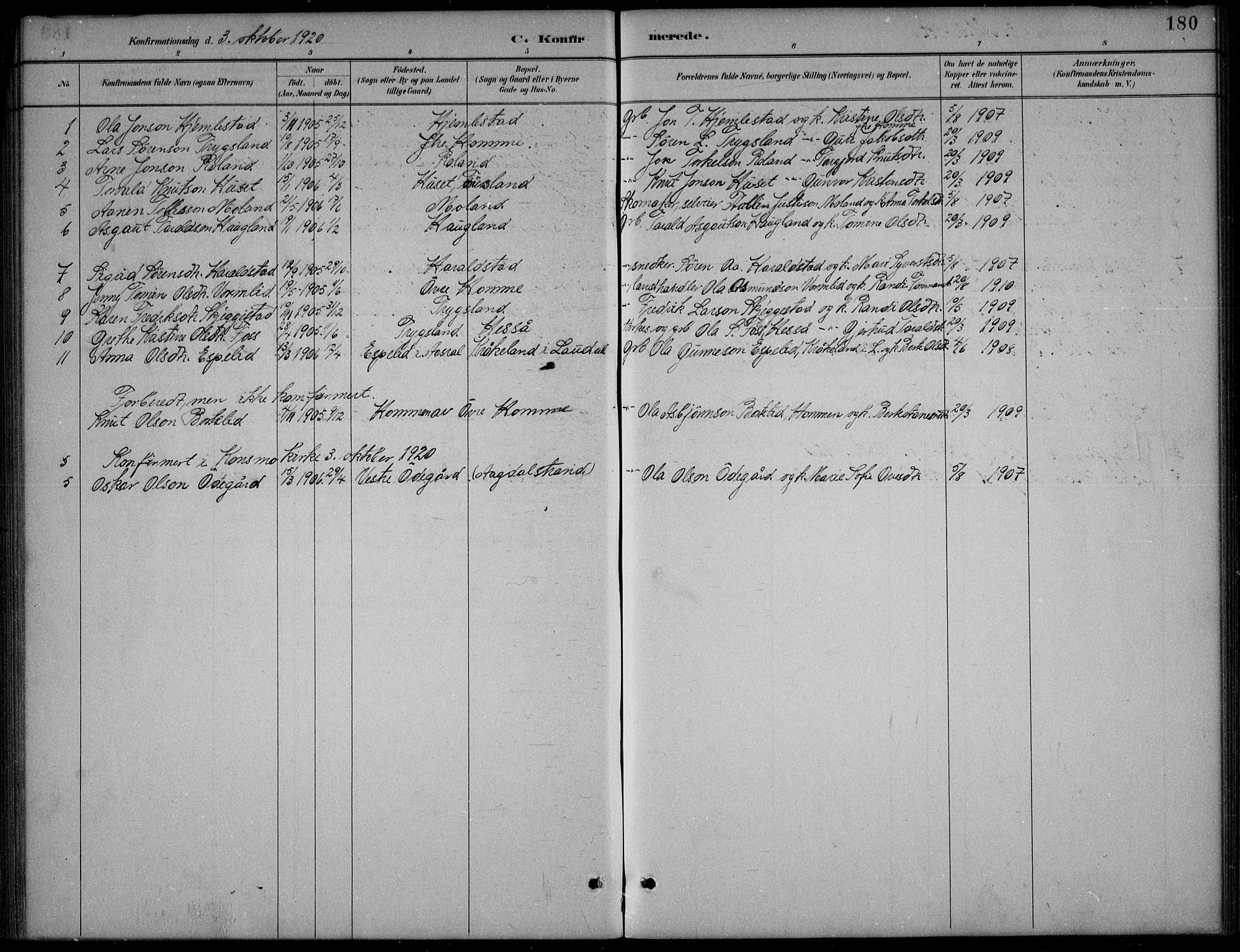 Bjelland sokneprestkontor, AV/SAK-1111-0005/F/Fb/Fba/L0005: Parish register (copy) no. B 5, 1887-1923, p. 180