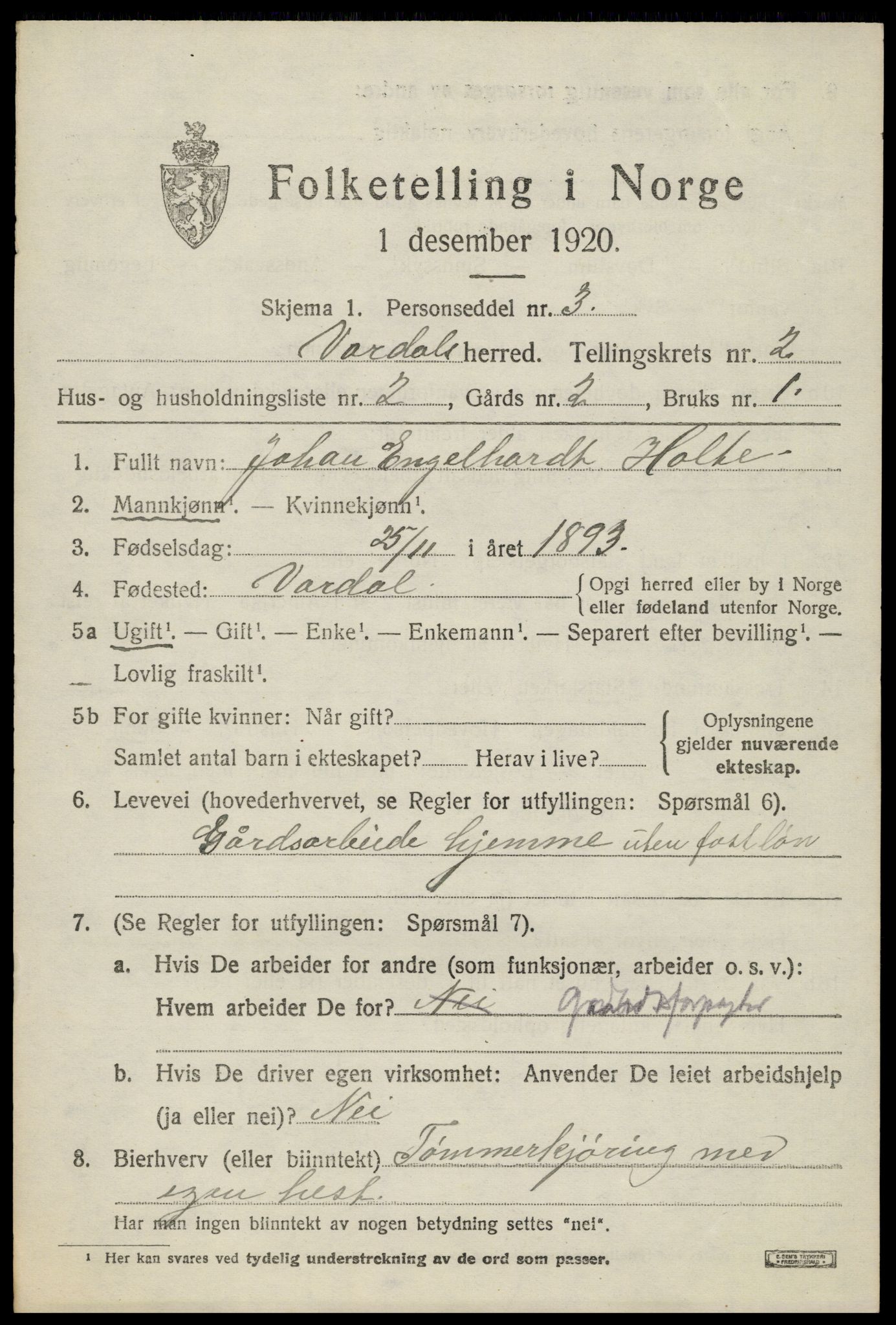 SAH, 1920 census for Vardal, 1920, p. 2449