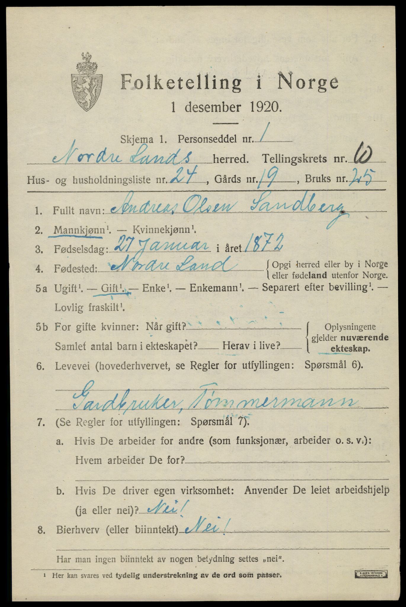 SAH, 1920 census for Nordre Land, 1920, p. 5500