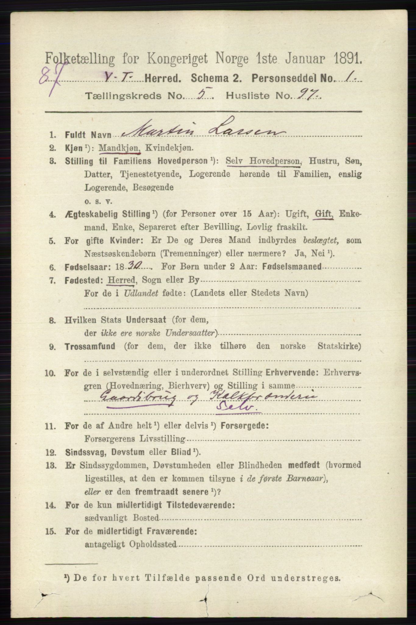 RA, 1891 census for 0529 Vestre Toten, 1891, p. 3727