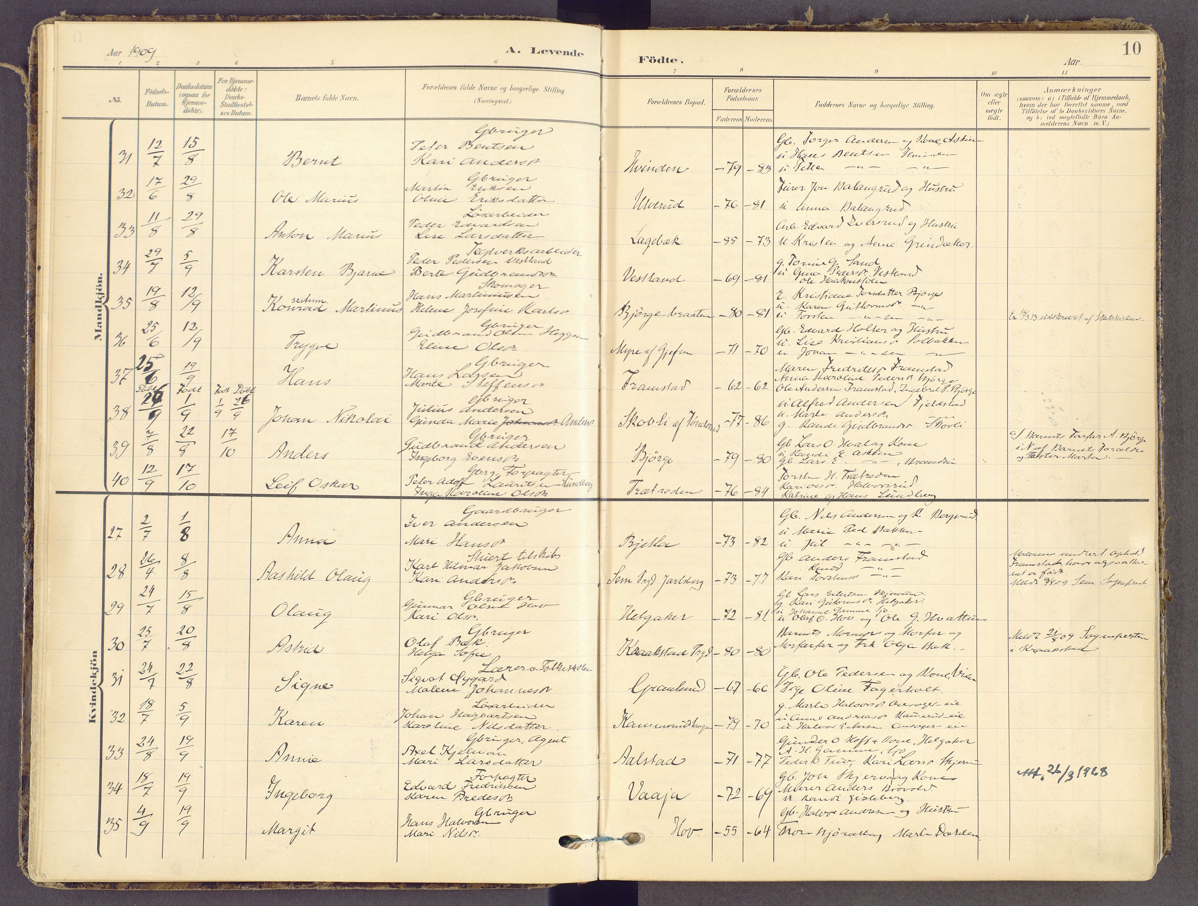 Gran prestekontor, AV/SAH-PREST-112/H/Ha/Haa/L0021: Parish register (official) no. 21, 1908-1932, p. 10