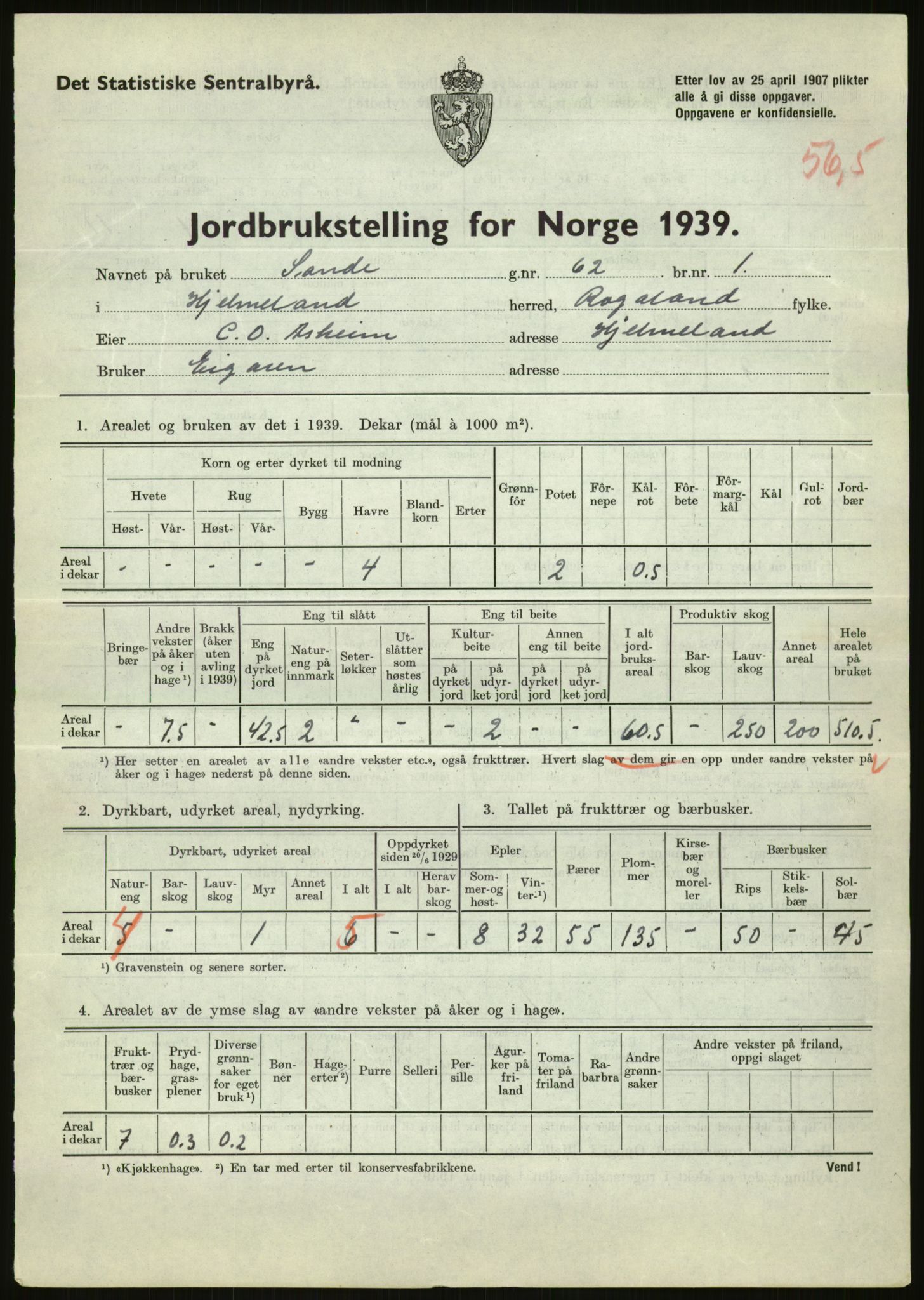 Statistisk sentralbyrå, Næringsøkonomiske emner, Jordbruk, skogbruk, jakt, fiske og fangst, AV/RA-S-2234/G/Gb/L0184: Rogaland: Årdal, Fister og Hjelmeland, 1939, p. 1529