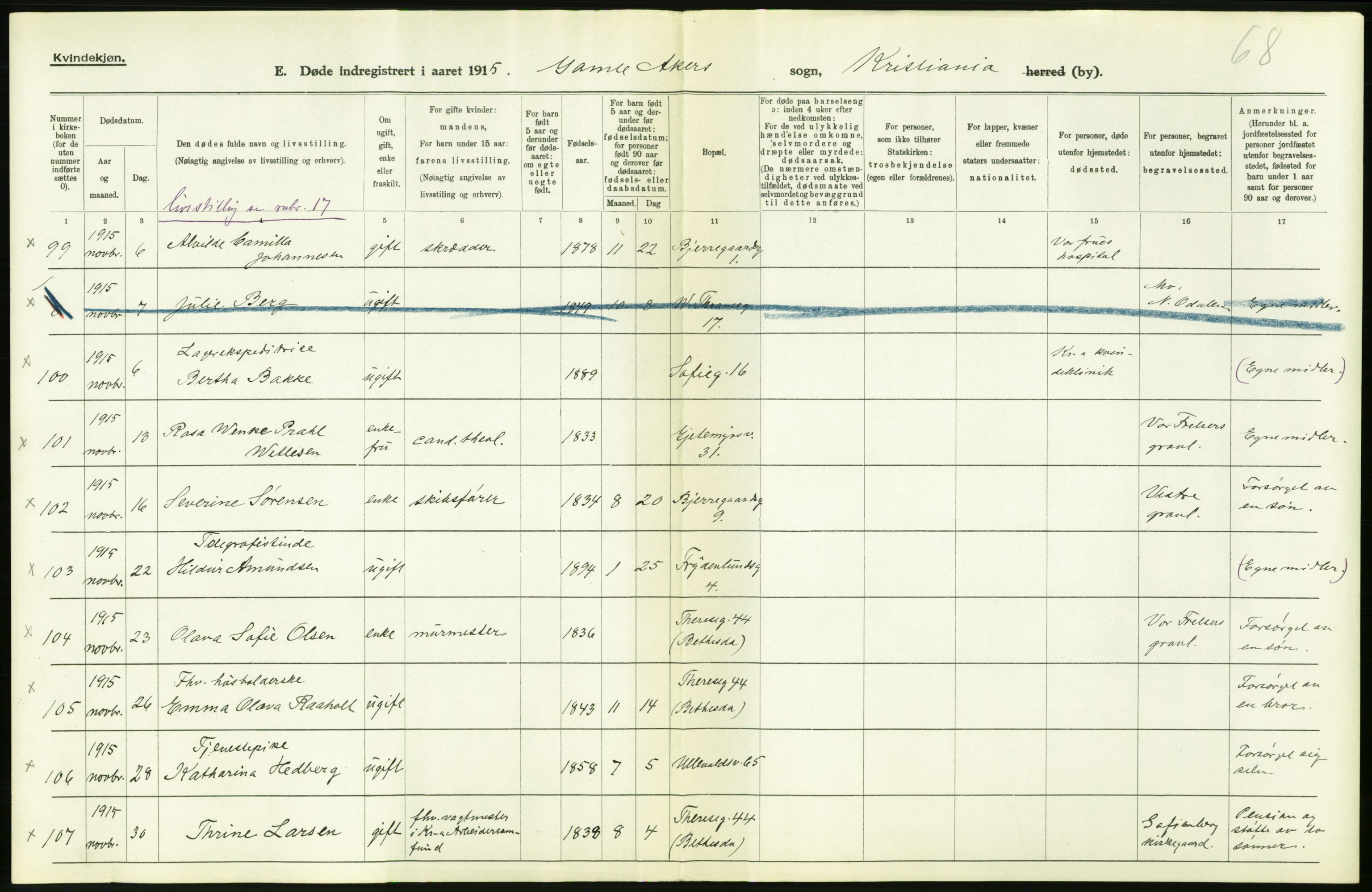 Statistisk sentralbyrå, Sosiodemografiske emner, Befolkning, AV/RA-S-2228/D/Df/Dfb/Dfbe/L0009: Kristiania: Døde., 1915, p. 608