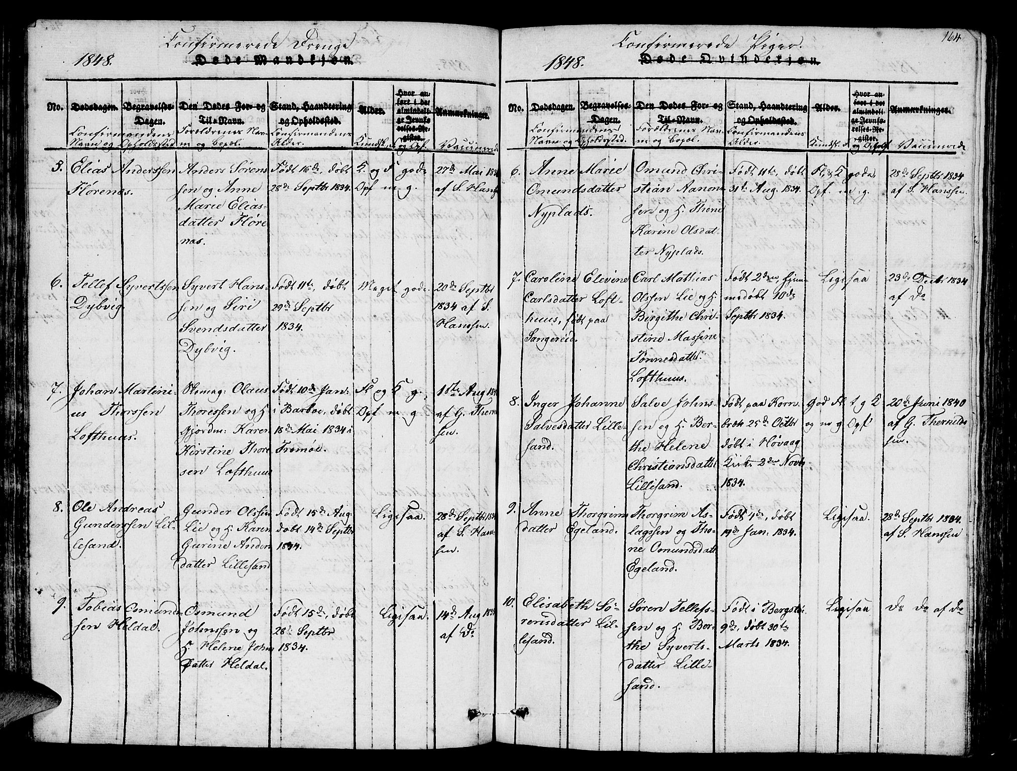 Vestre Moland sokneprestkontor, AV/SAK-1111-0046/F/Fb/Fbb/L0001: Parish register (copy) no. B 1, 1816-1851, p. 164