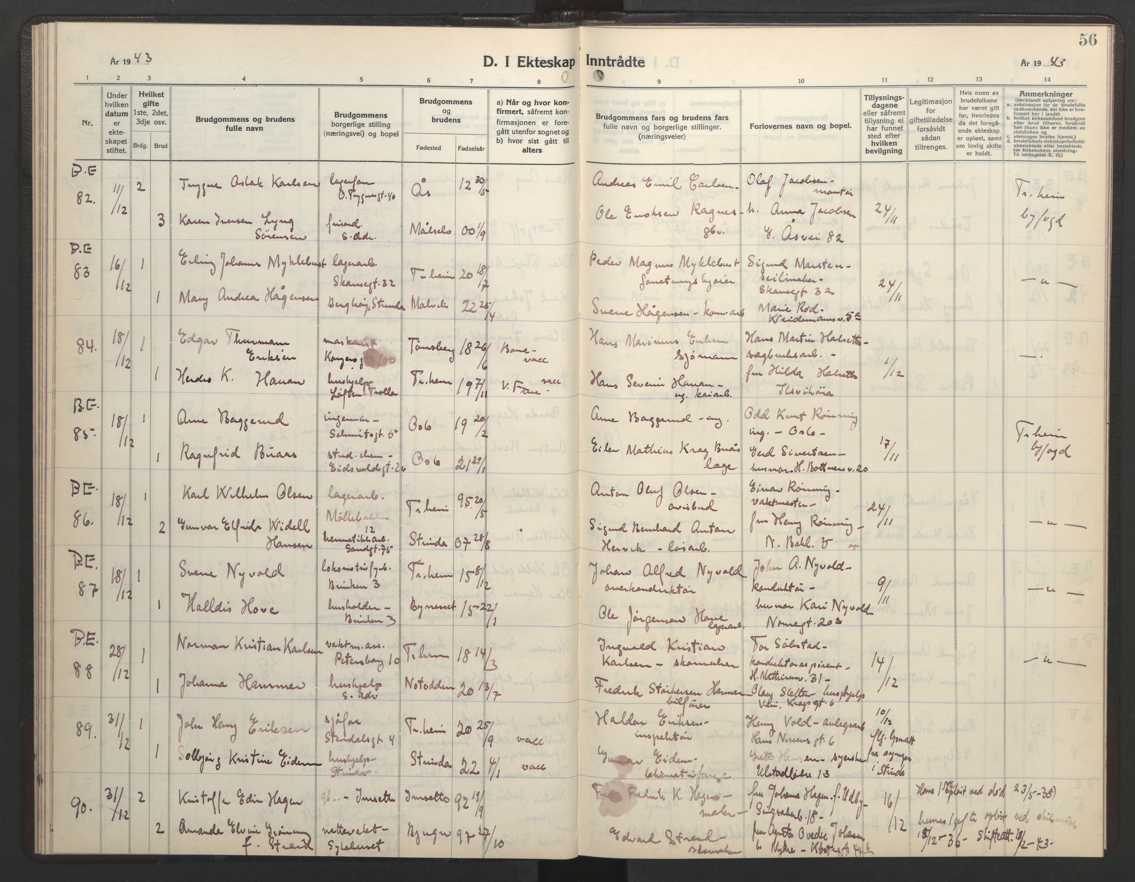 Ministerialprotokoller, klokkerbøker og fødselsregistre - Sør-Trøndelag, AV/SAT-A-1456/602/L0154: Parish register (copy) no. 602C22, 1940-1947, p. 56