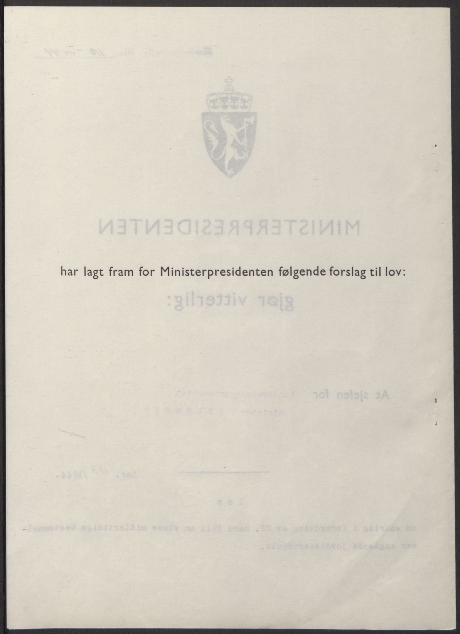 NS-administrasjonen 1940-1945 (Statsrådsekretariatet, de kommisariske statsråder mm), AV/RA-S-4279/D/Db/L0100: Lover, 1944, p. 206