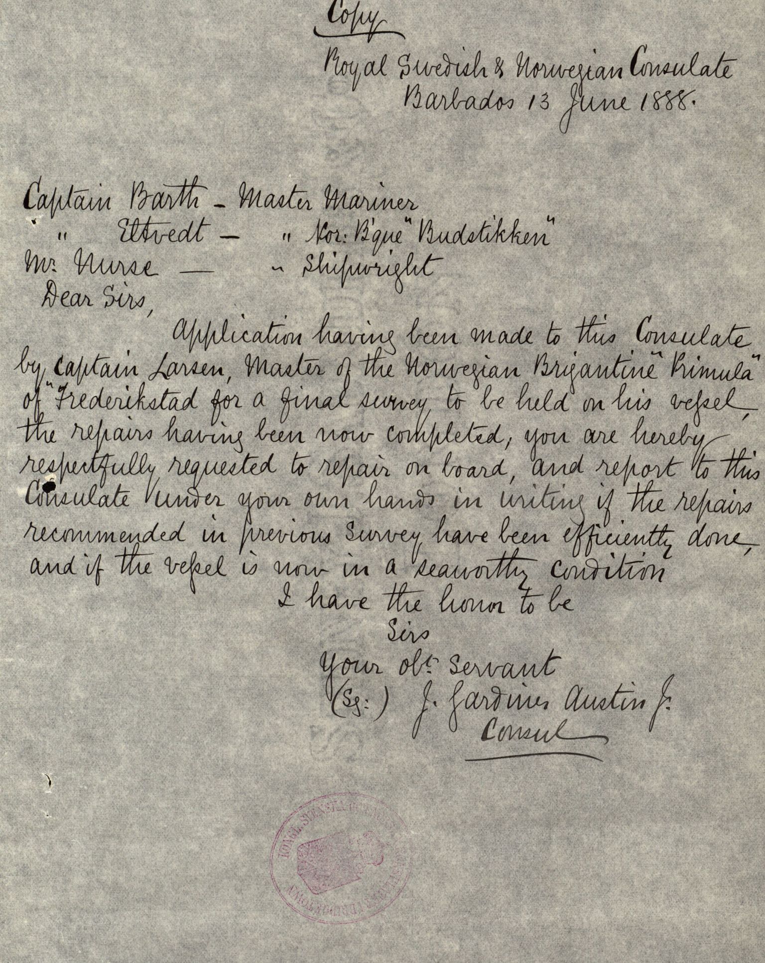 Pa 63 - Østlandske skibsassuranceforening, VEMU/A-1079/G/Ga/L0021/0003: Havaridokumenter / Inga av Drammen, Inga av Sandefjord, Primula, 1888-1889, p. 156