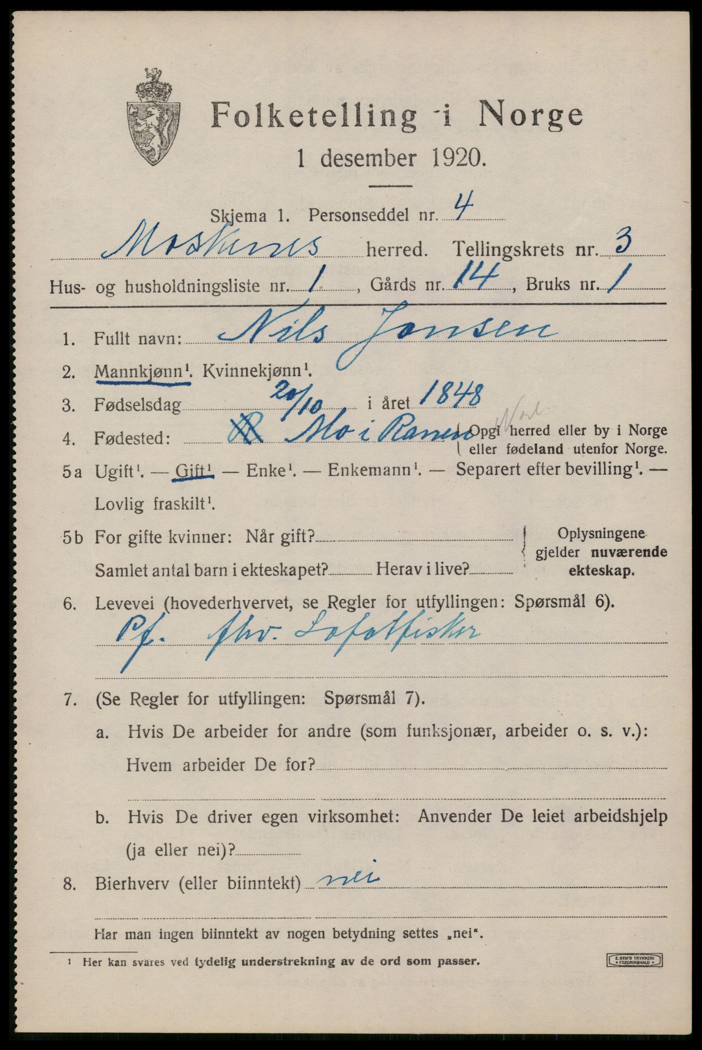 SAT, 1920 census for Moskenes, 1920, p. 1744