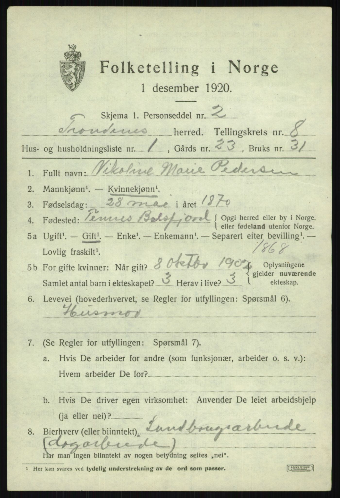 SATØ, 1920 census for Trondenes, 1920, p. 6909