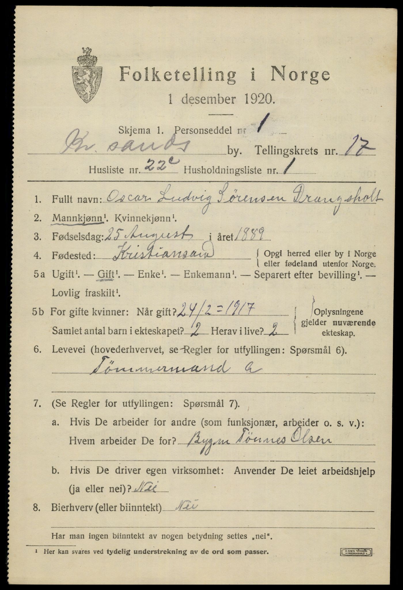 SAK, 1920 census for Kristiansand, 1920, p. 32863