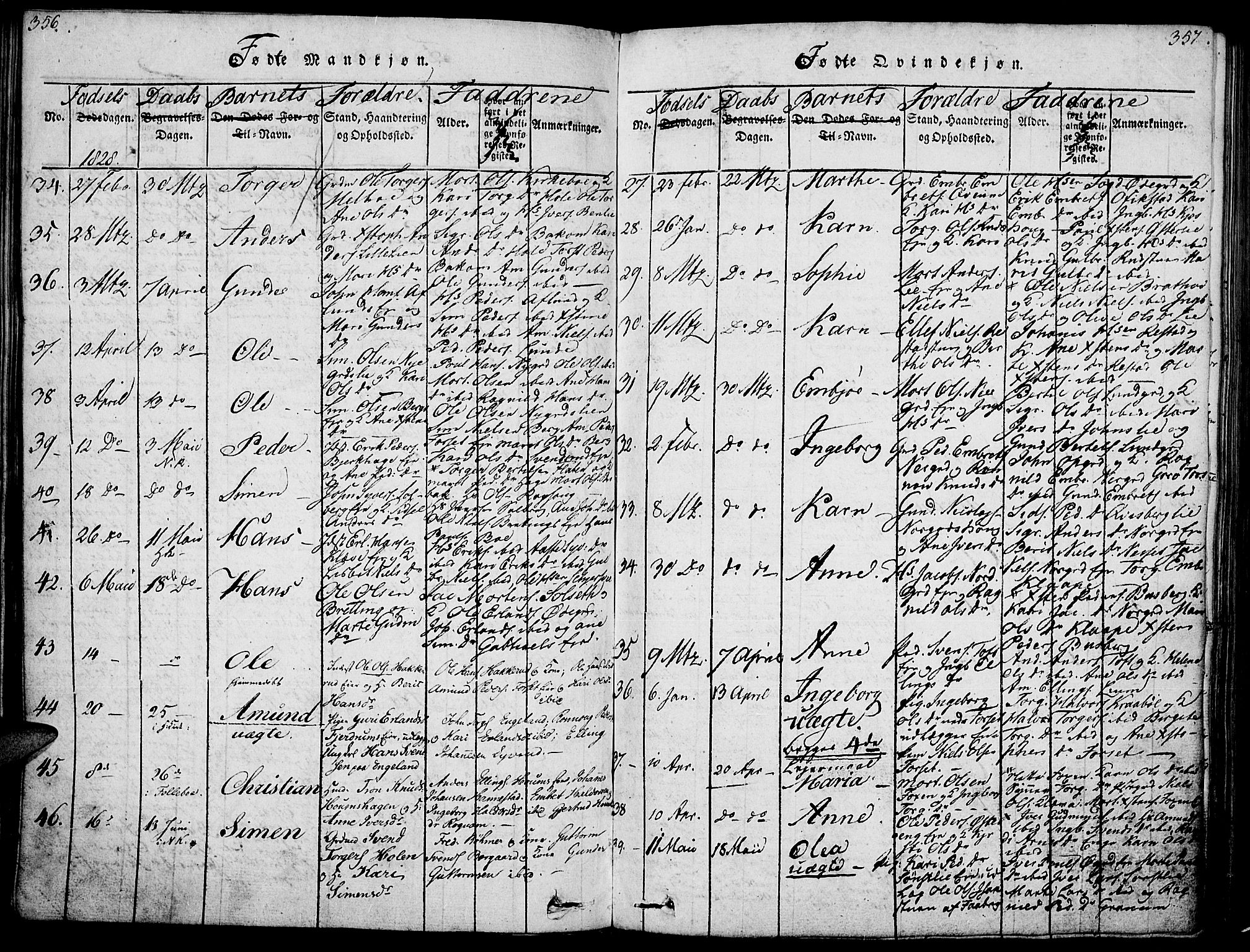 Gausdal prestekontor, SAH/PREST-090/H/Ha/Haa/L0005: Parish register (official) no. 5, 1817-1829, p. 356-357