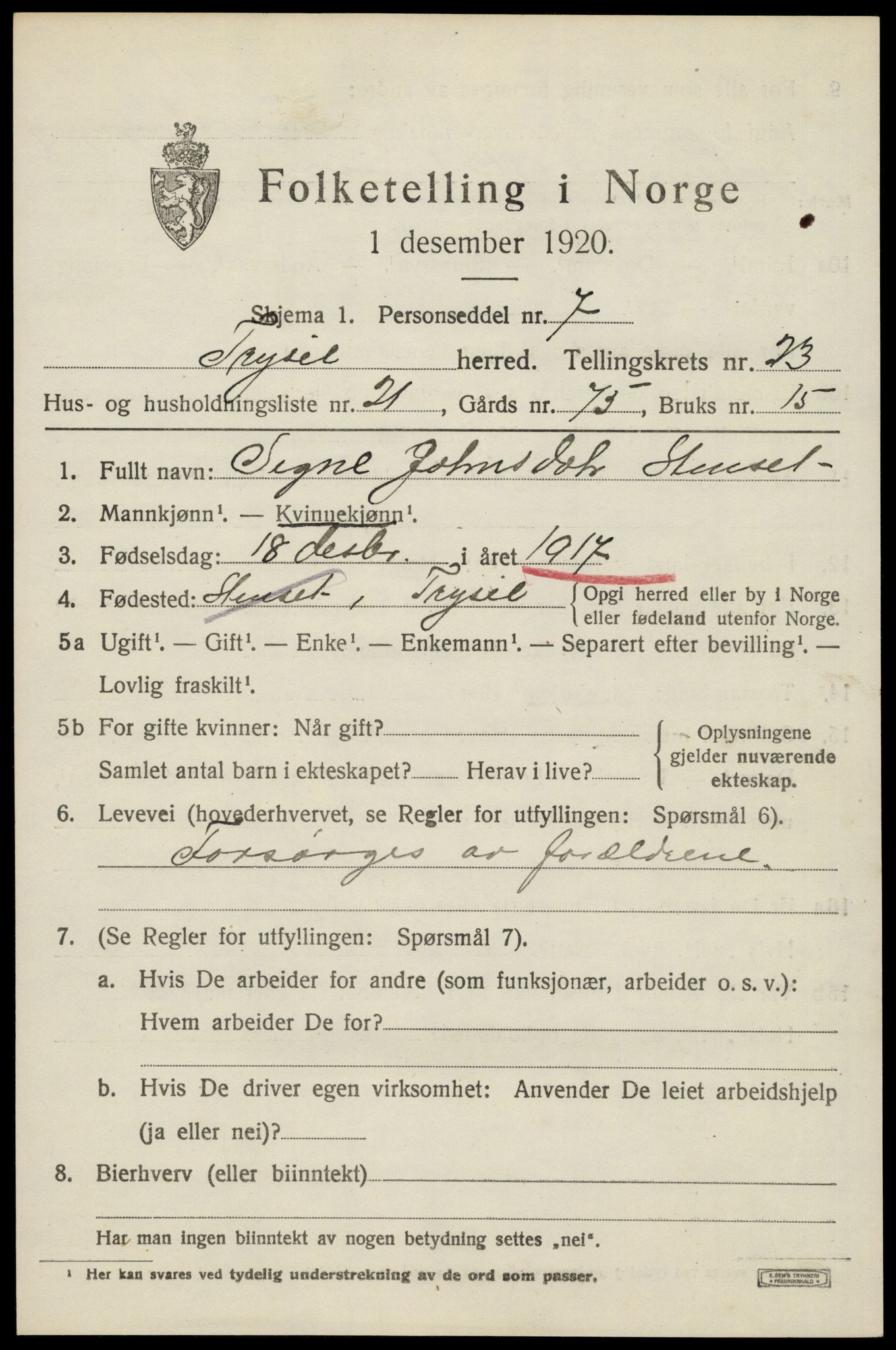 SAH, 1920 census for Trysil, 1920, p. 15105