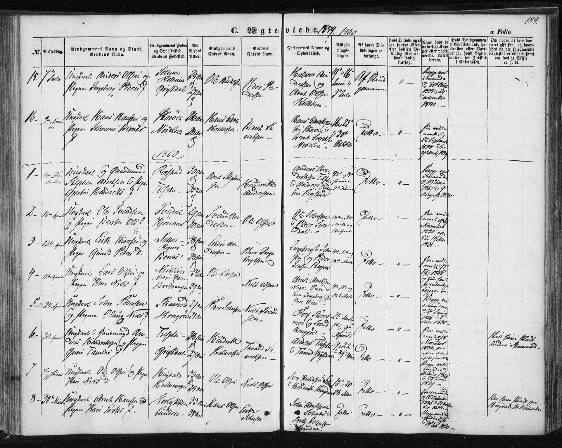 Ministerialprotokoller, klokkerbøker og fødselsregistre - Sør-Trøndelag, SAT/A-1456/687/L1000: Parish register (official) no. 687A06, 1848-1869, p. 189