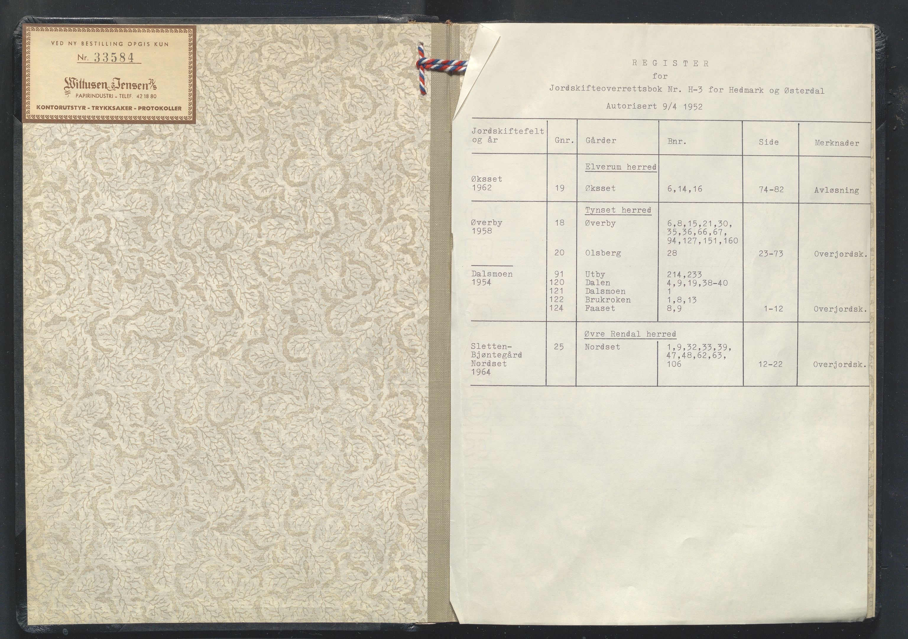 Hedmark og Østerdal jordskifterett, AV/SAH-JORDSKIFTEH-002/G/Gb/L0002/0001: Rettsbøker - overutskiftninger / Rettsbok - overutskiftninger - H3, 1954-1962