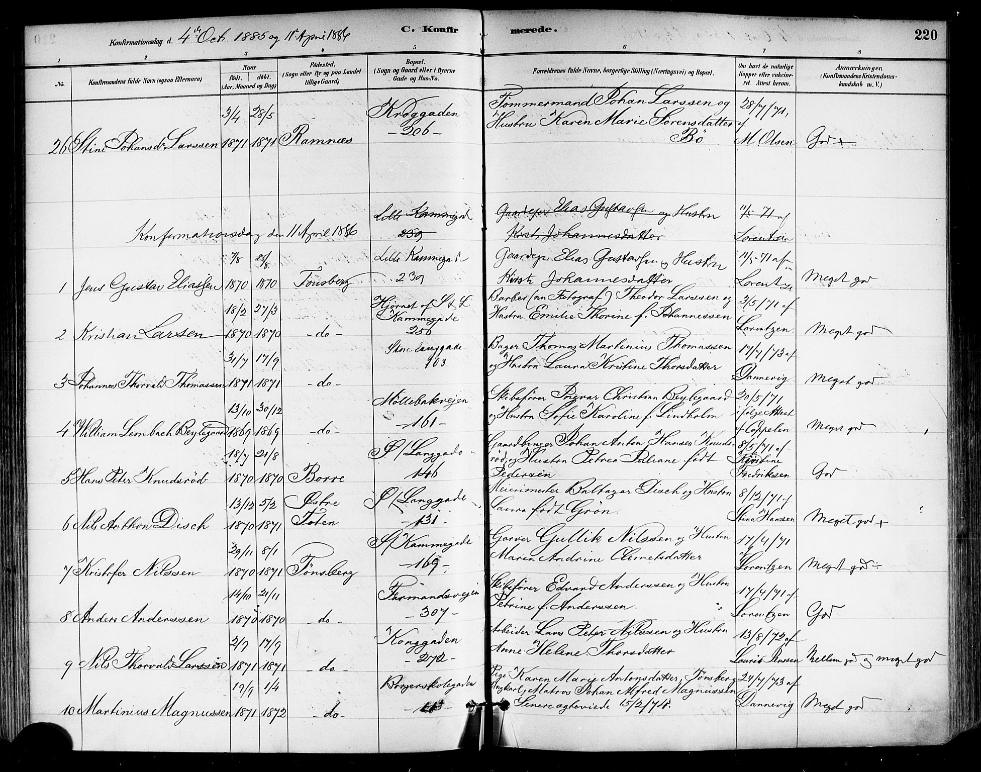 Tønsberg kirkebøker, SAKO/A-330/F/Fa/L0011: Parish register (official) no. I 11, 1881-1890, p. 220