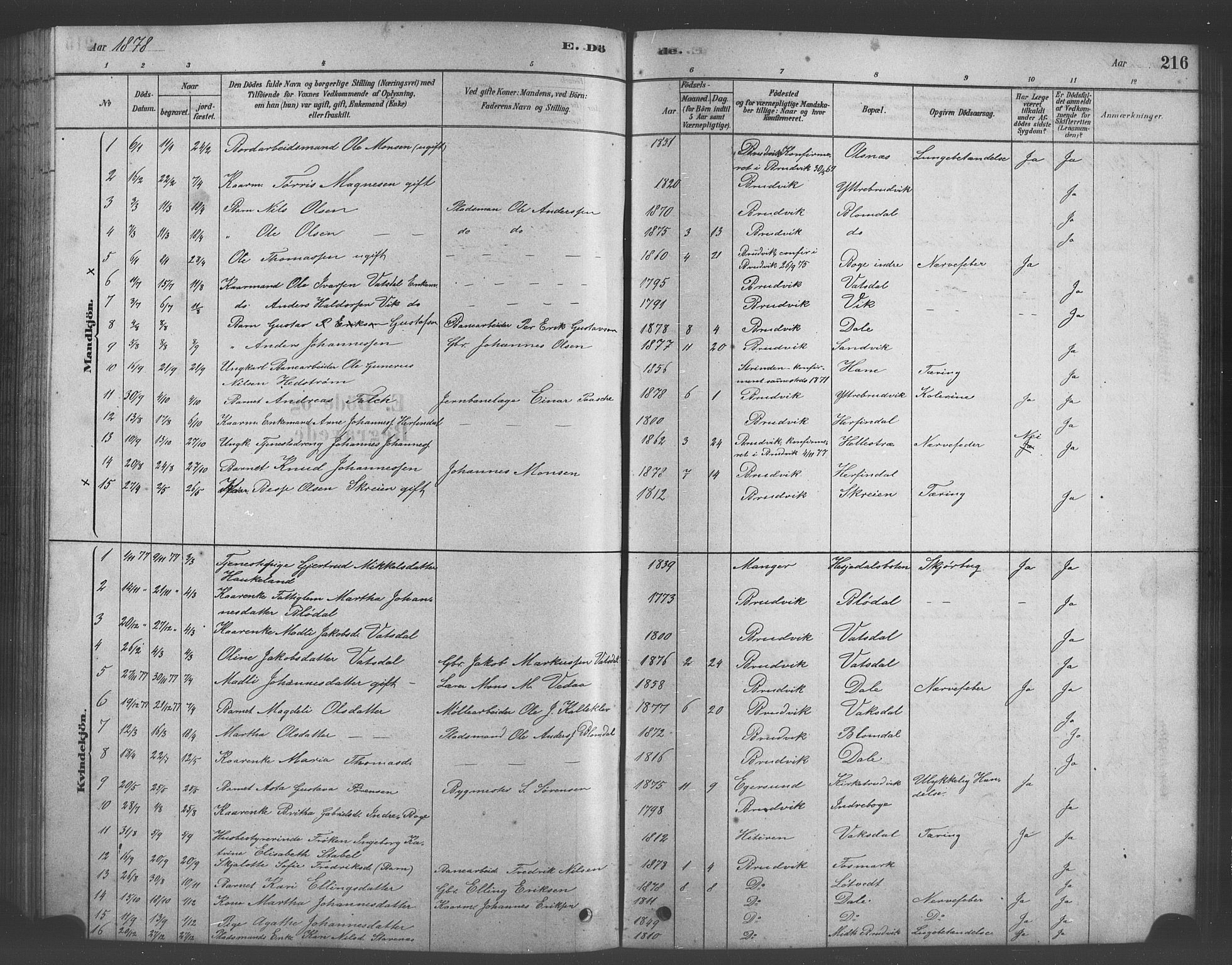 Bruvik Sokneprestembete, SAB/A-74701/H/Hab: Parish register (copy) no. A 1, 1878-1907, p. 216