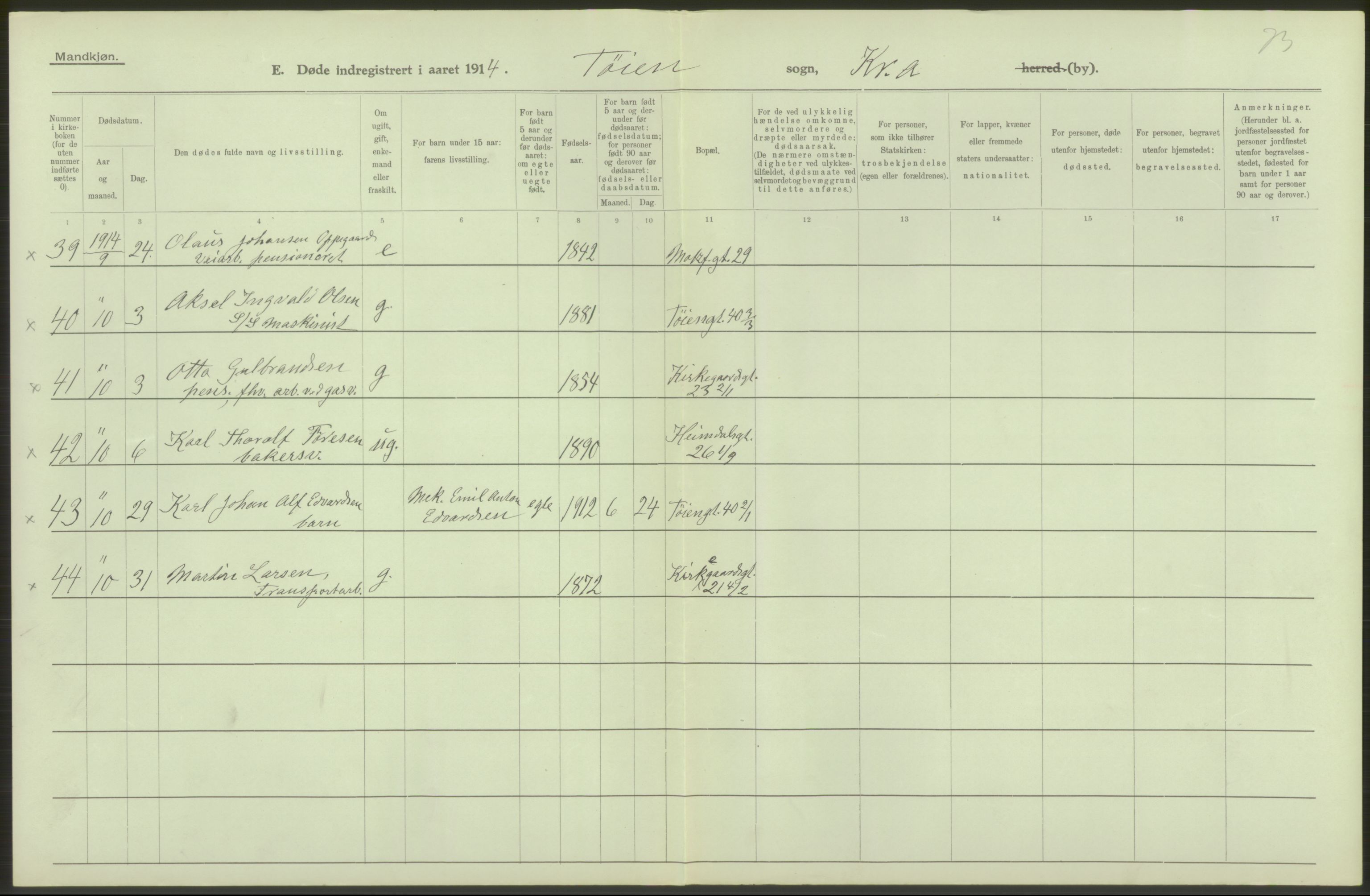 Statistisk sentralbyrå, Sosiodemografiske emner, Befolkning, AV/RA-S-2228/D/Df/Dfb/Dfbd/L0008: Kristiania: Døde, 1914, p. 72