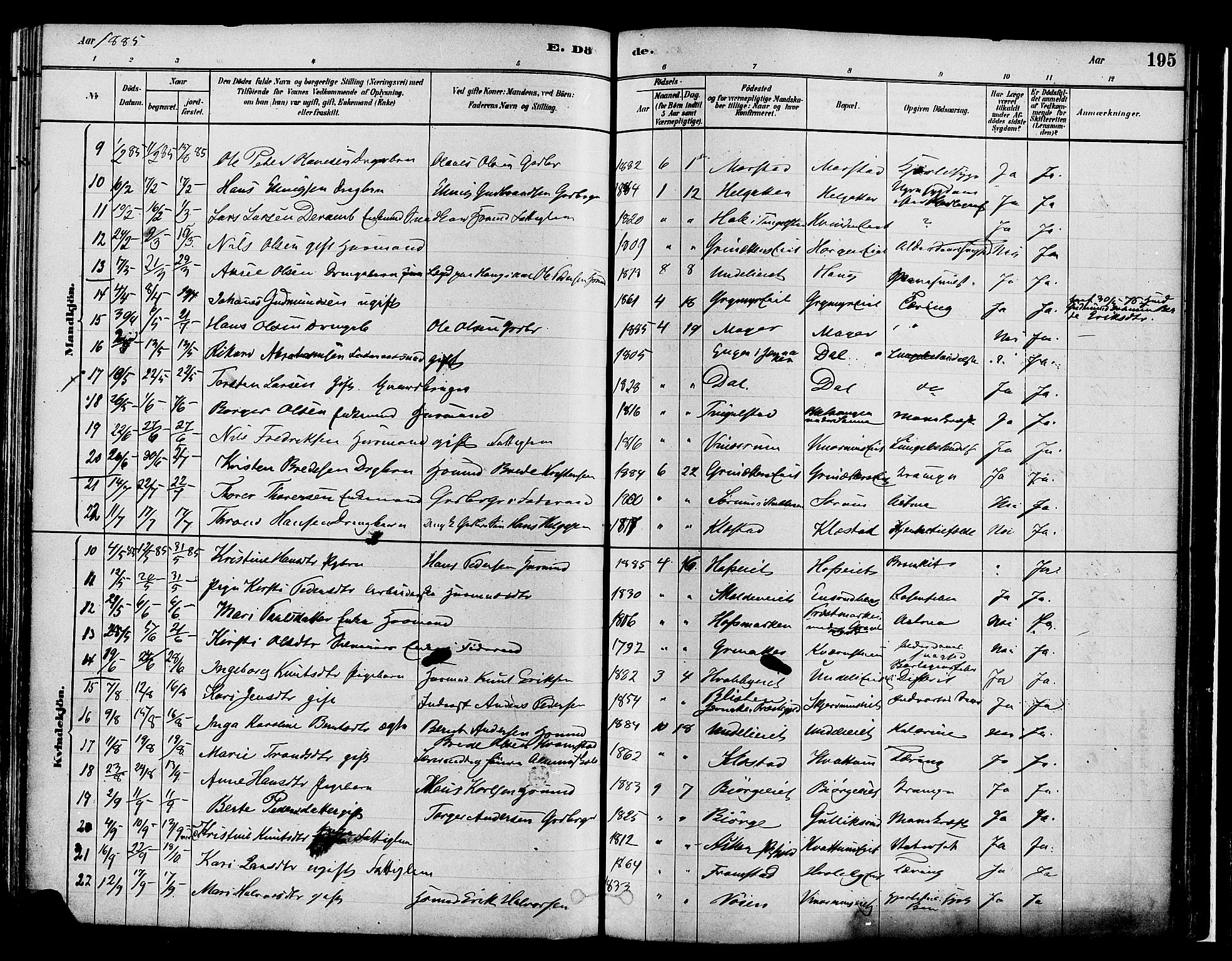 Gran prestekontor, SAH/PREST-112/H/Ha/Haa/L0014: Parish register (official) no. 14, 1880-1889, p. 195
