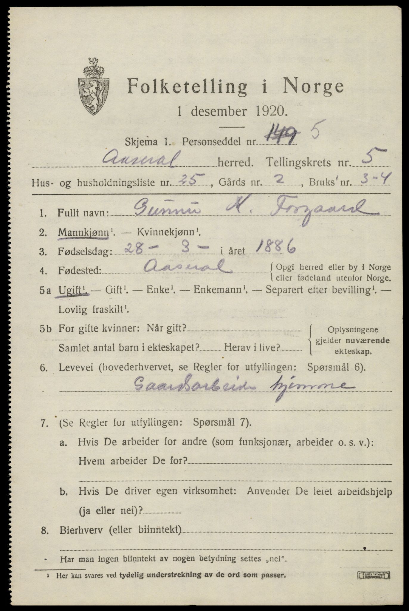 SAK, 1920 census for Åseral, 1920, p. 1760