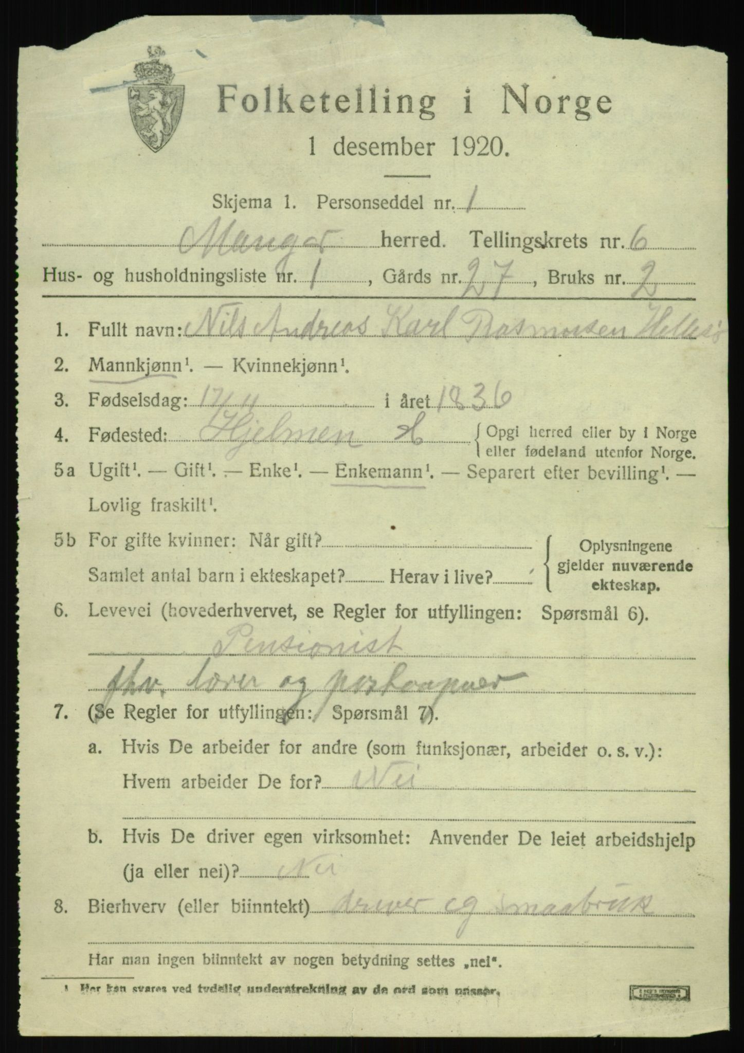 SAB, 1920 census for Manger, 1920, p. 3891