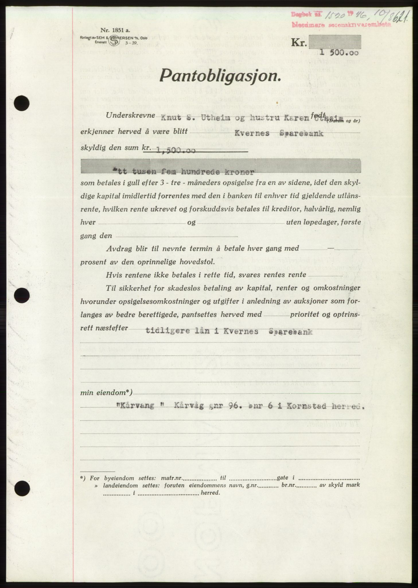 Nordmøre sorenskriveri, AV/SAT-A-4132/1/2/2Ca: Mortgage book no. B94, 1946-1946, Diary no: : 1520/1946