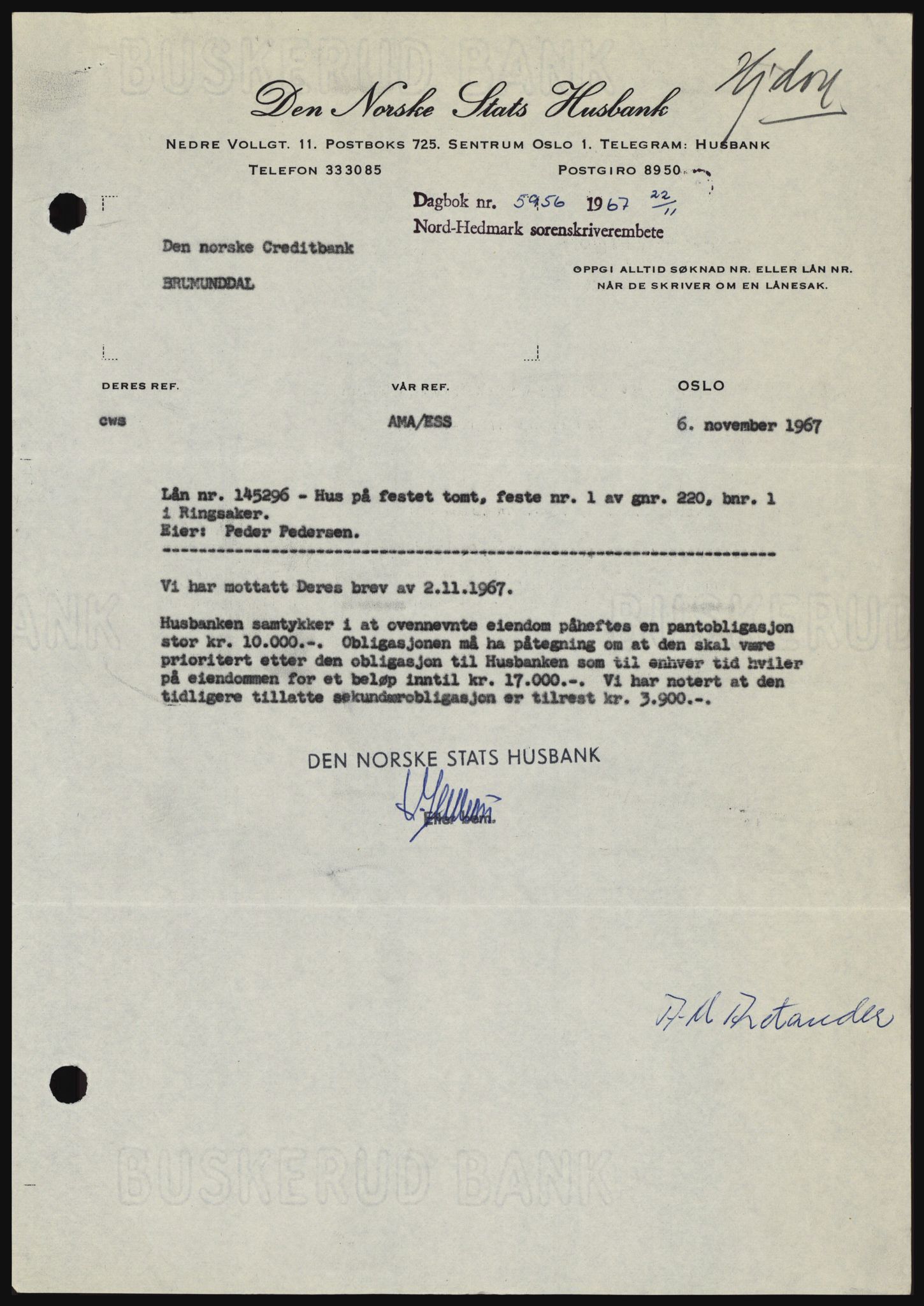 Nord-Hedmark sorenskriveri, SAH/TING-012/H/Hc/L0027: Mortgage book no. 27, 1967-1968, Diary no: : 5956/1967