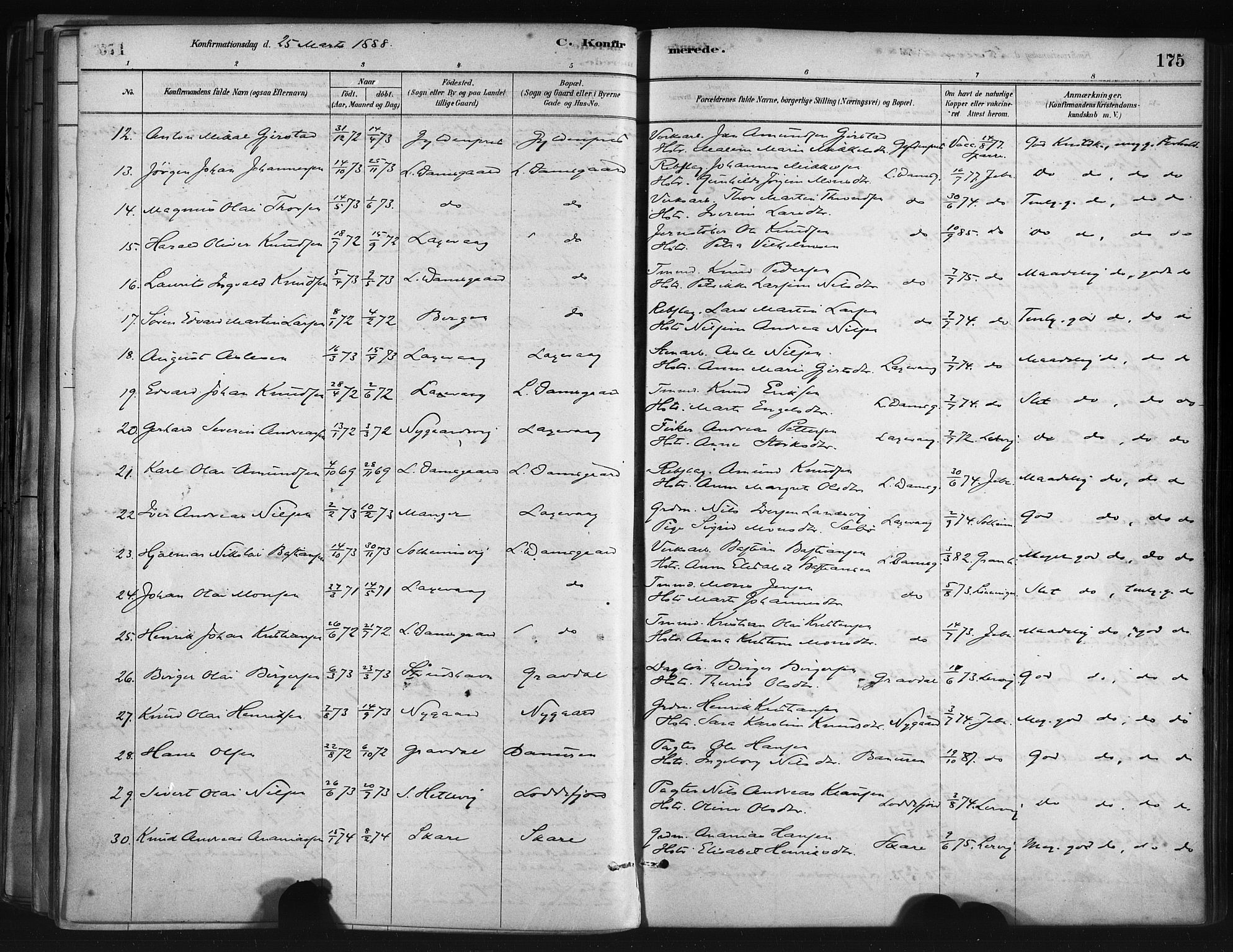 Askøy Sokneprestembete, AV/SAB-A-74101/H/Ha/Haa/Haae/L0002: Parish register (official) no. E 2, 1878-1891, p. 175