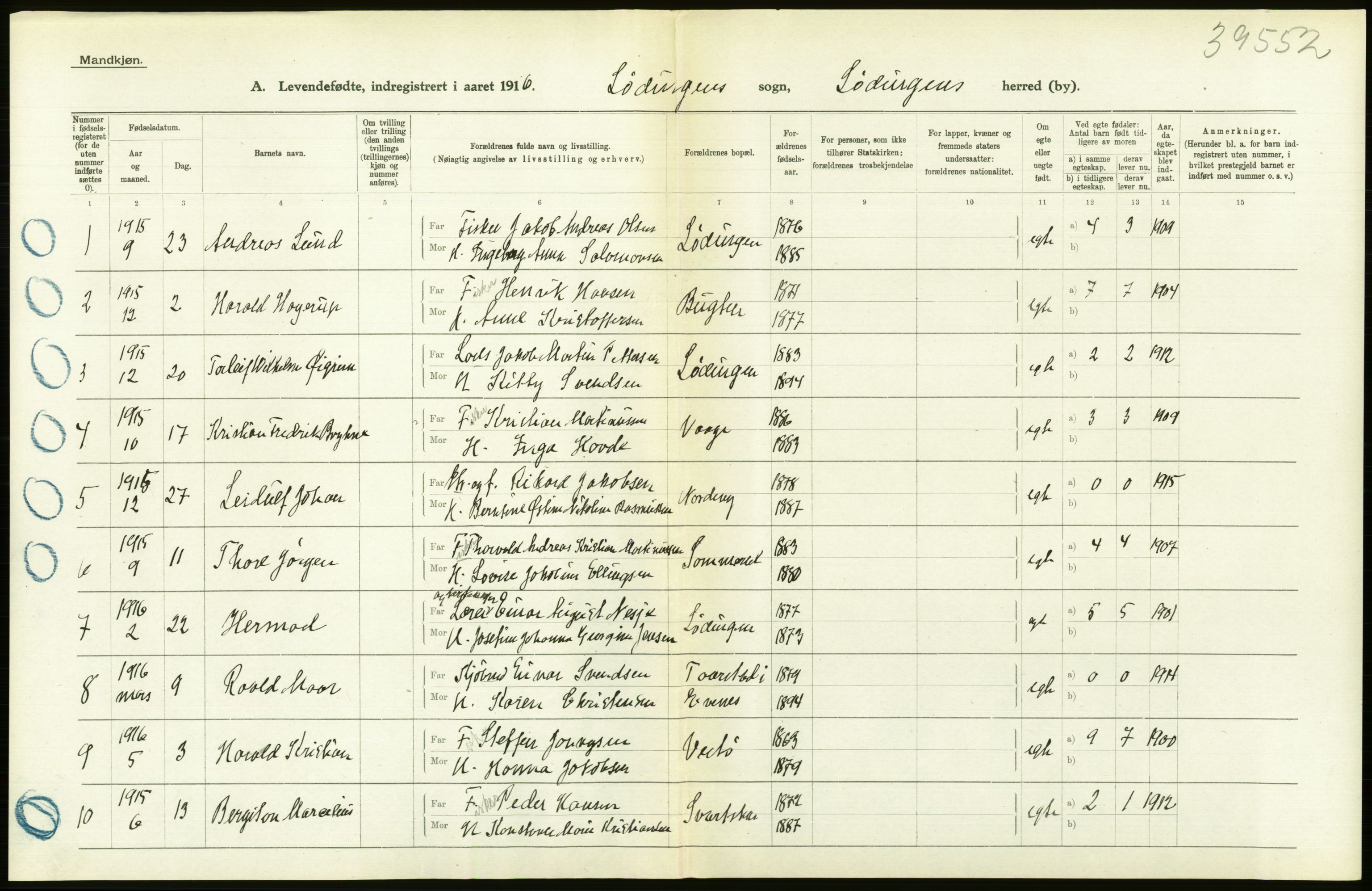 Statistisk sentralbyrå, Sosiodemografiske emner, Befolkning, RA/S-2228/D/Df/Dfb/Dfbf/L0050: Nordlands amt: Levendefødte menn og kvinner. Bygder., 1916, p. 50