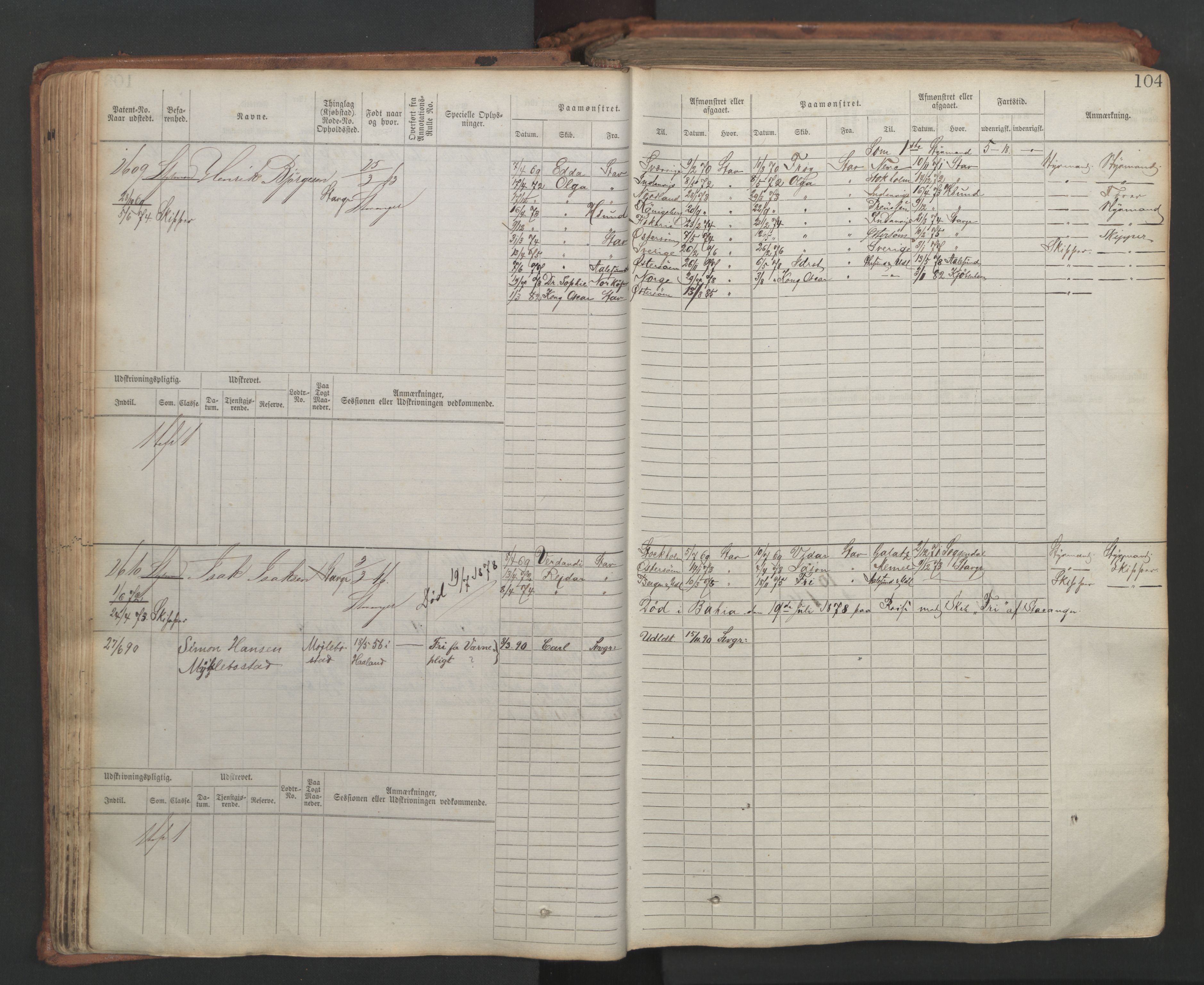 Stavanger sjømannskontor, AV/SAST-A-102006/F/Fb/Fbb/L0007: Sjøfartshovedrulle, patentnr. 2403-3604, 1869-1880, p. 109