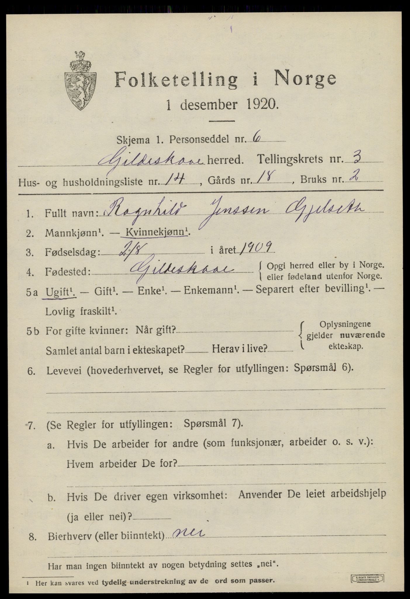 SAT, 1920 census for Gildeskål, 1920, p. 3214