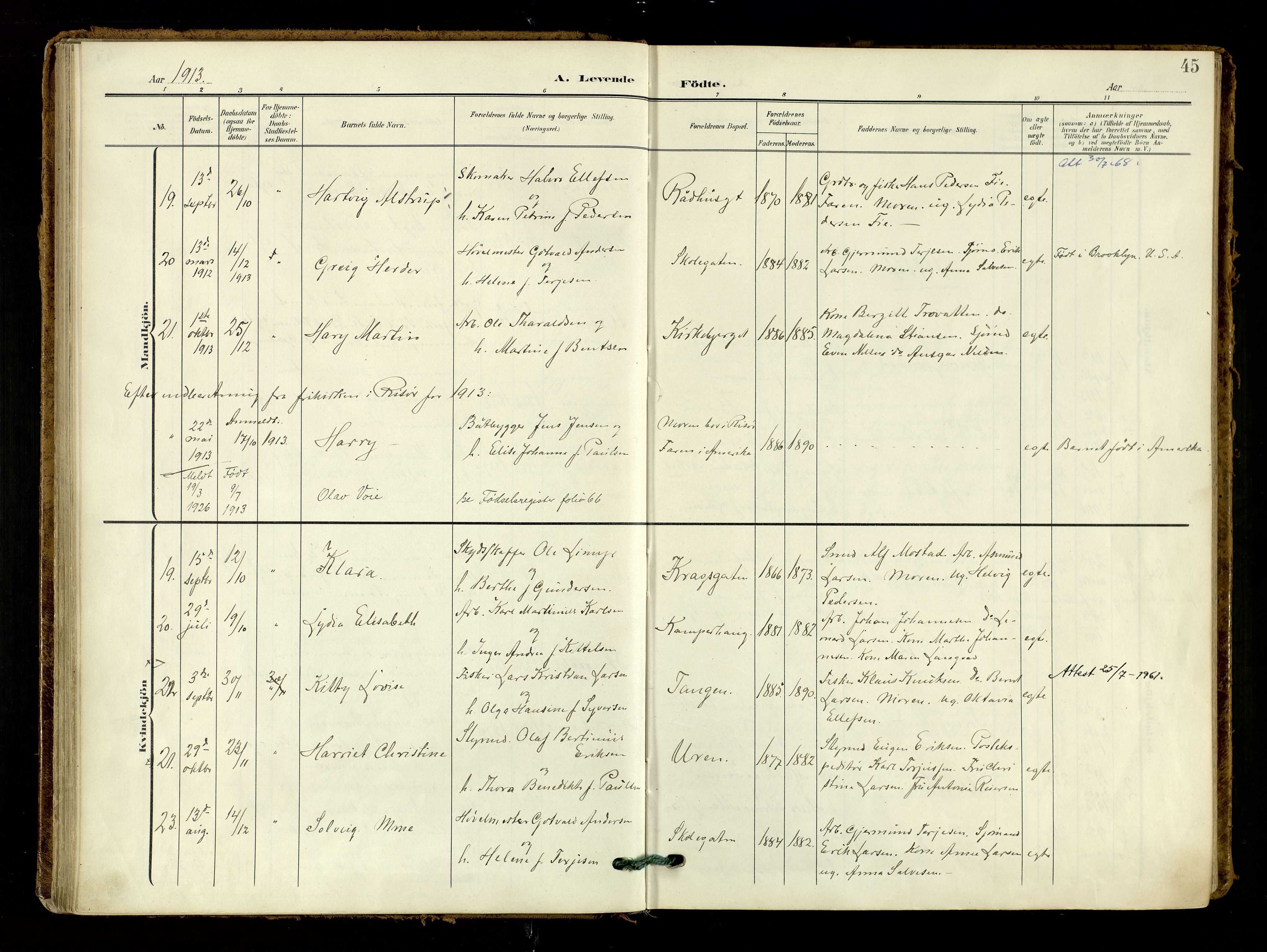 Risør sokneprestkontor, AV/SAK-1111-0035/F/Fa/L0011: Parish register (official) no. A 11, 1907-1920, p. 45