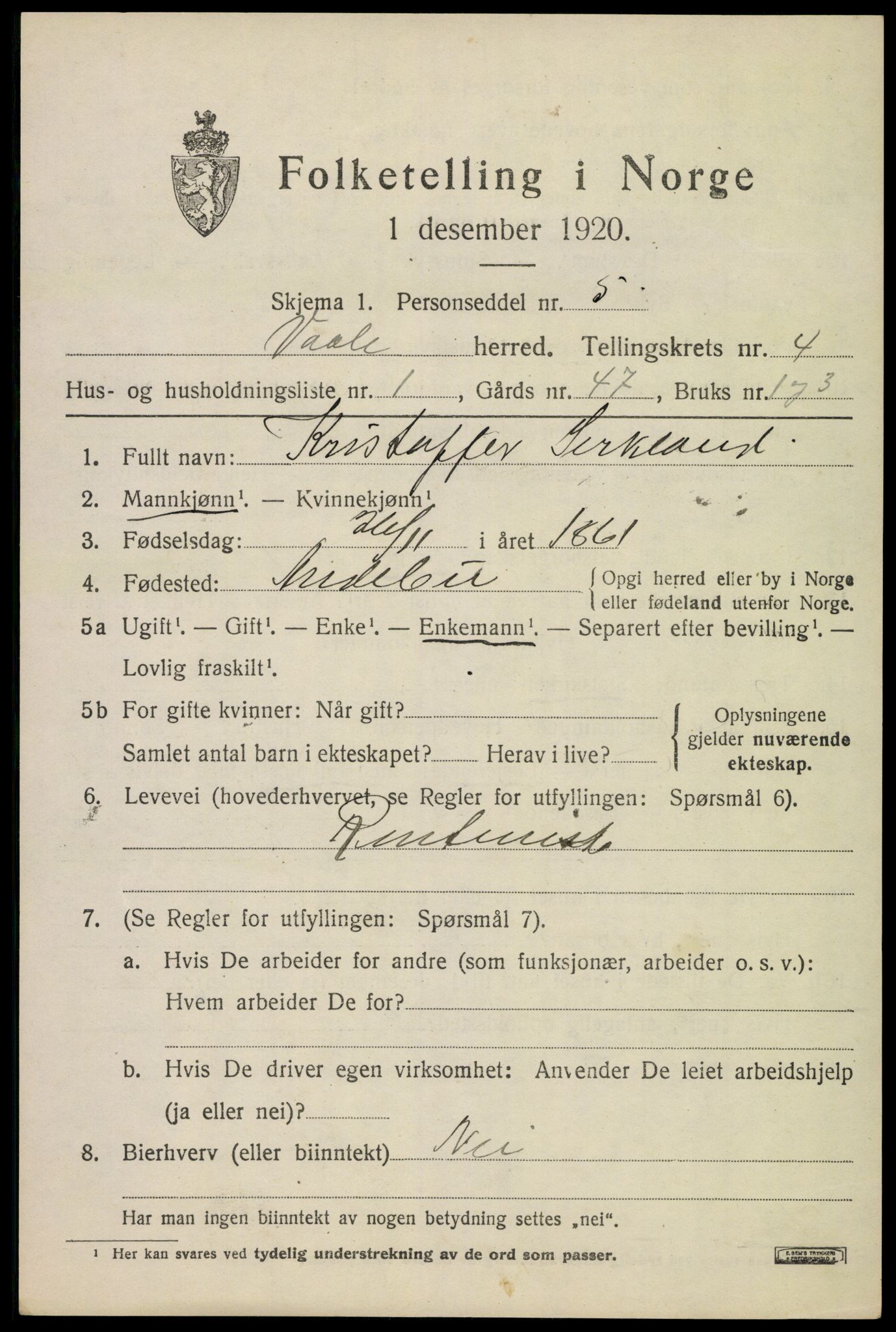 SAKO, 1920 census for Våle, 1920, p. 3150