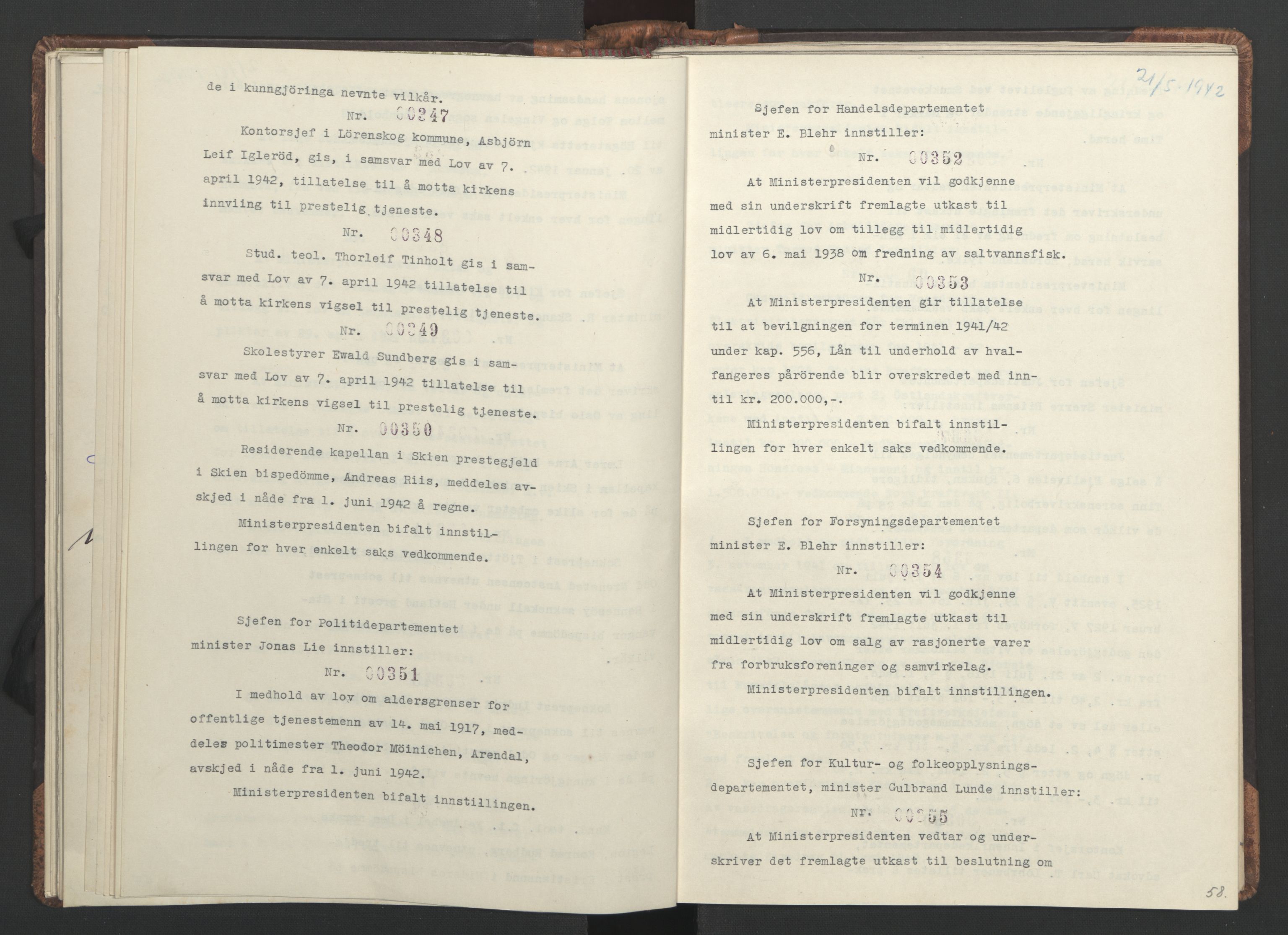 NS-administrasjonen 1940-1945 (Statsrådsekretariatet, de kommisariske statsråder mm), AV/RA-S-4279/D/Da/L0001: Beslutninger og tillegg (1-952 og 1-32), 1942, p. 61