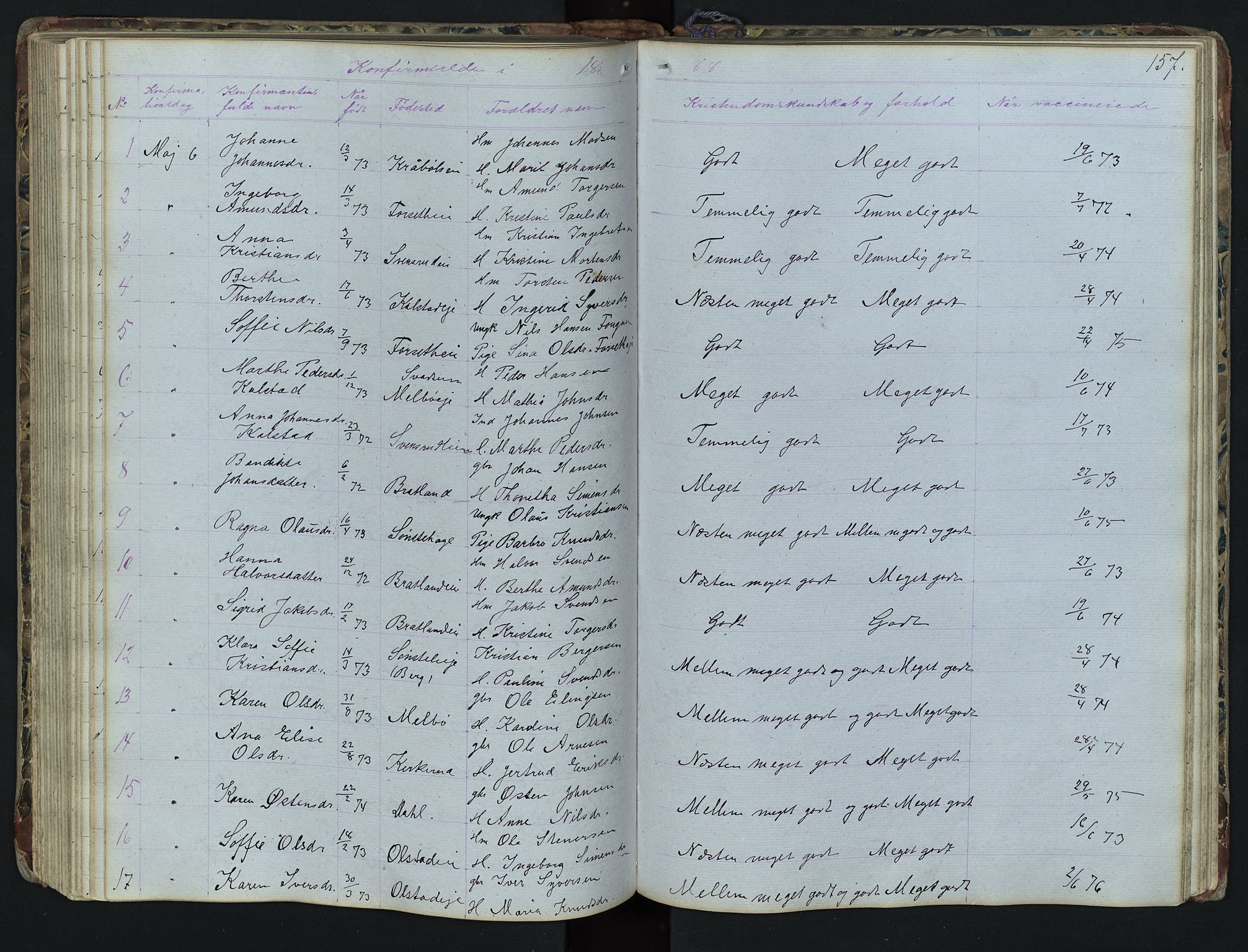 Vestre Gausdal prestekontor, SAH/PREST-094/H/Ha/Hab/L0001: Parish register (copy) no. 1, 1867-1895, p. 157