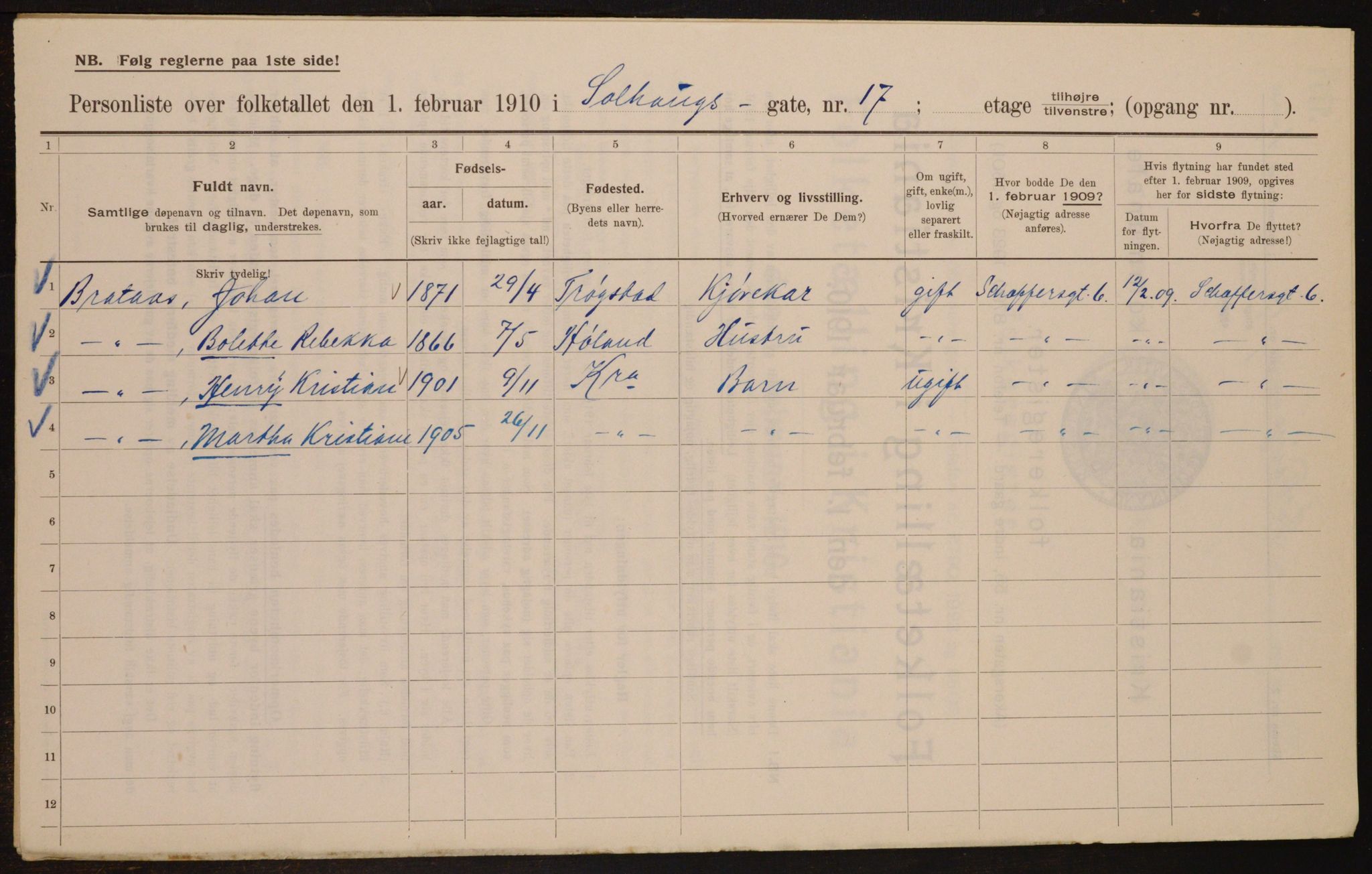 OBA, Municipal Census 1910 for Kristiania, 1910, p. 94820
