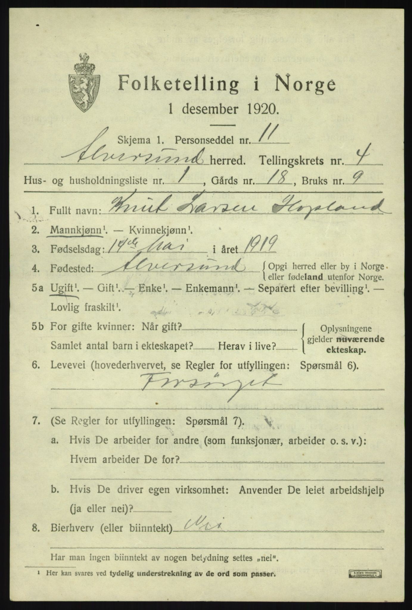 SAB, 1920 census for Alversund, 1920, p. 2678