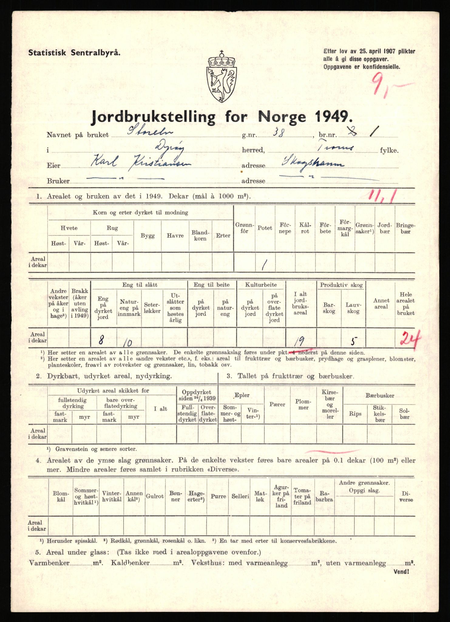 Statistisk sentralbyrå, Næringsøkonomiske emner, Jordbruk, skogbruk, jakt, fiske og fangst, AV/RA-S-2234/G/Gc/L0440: Troms: Sørreisa og Dyrøy, 1949, p. 977
