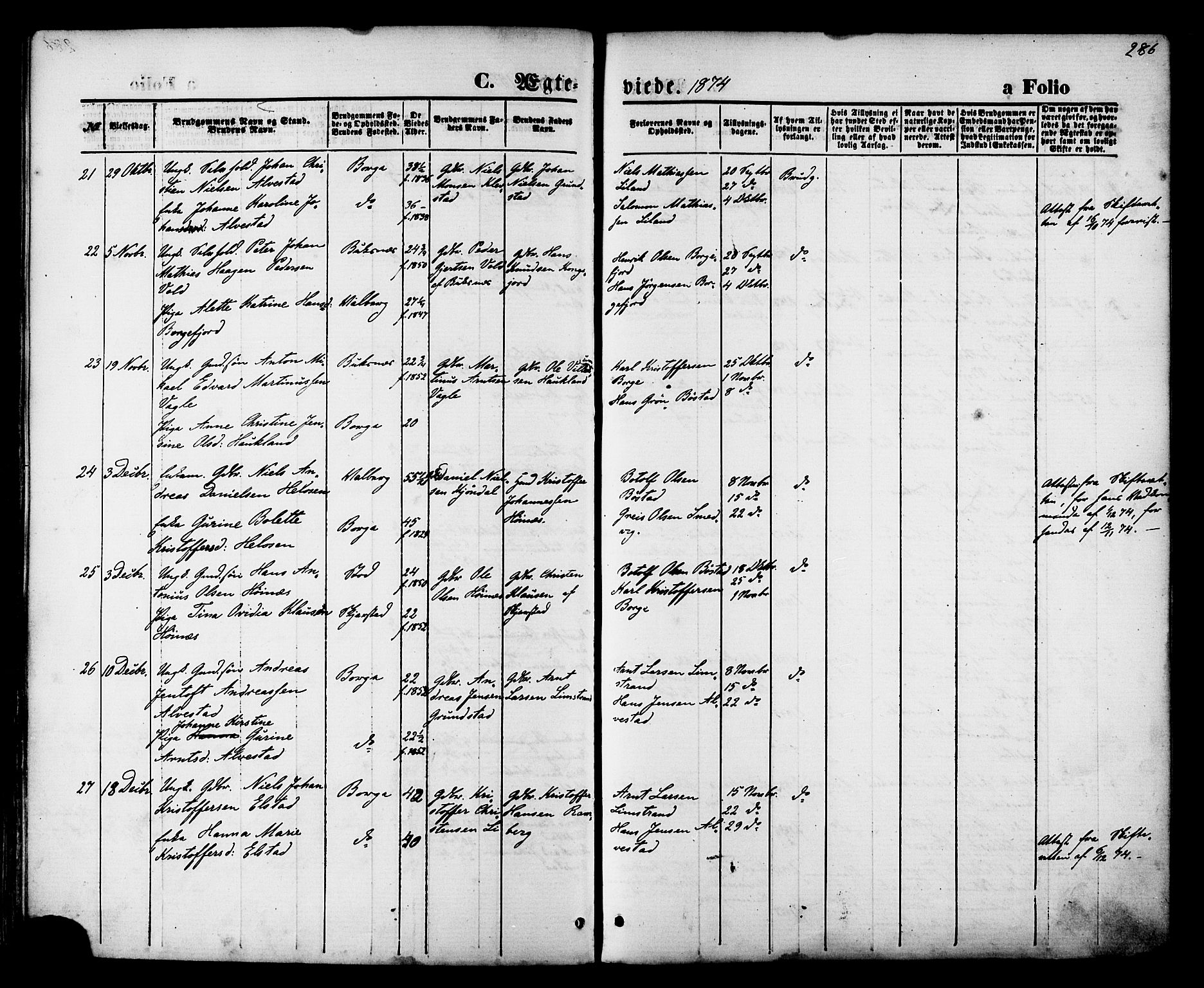 Ministerialprotokoller, klokkerbøker og fødselsregistre - Nordland, AV/SAT-A-1459/880/L1132: Parish register (official) no. 880A06, 1869-1887, p. 286